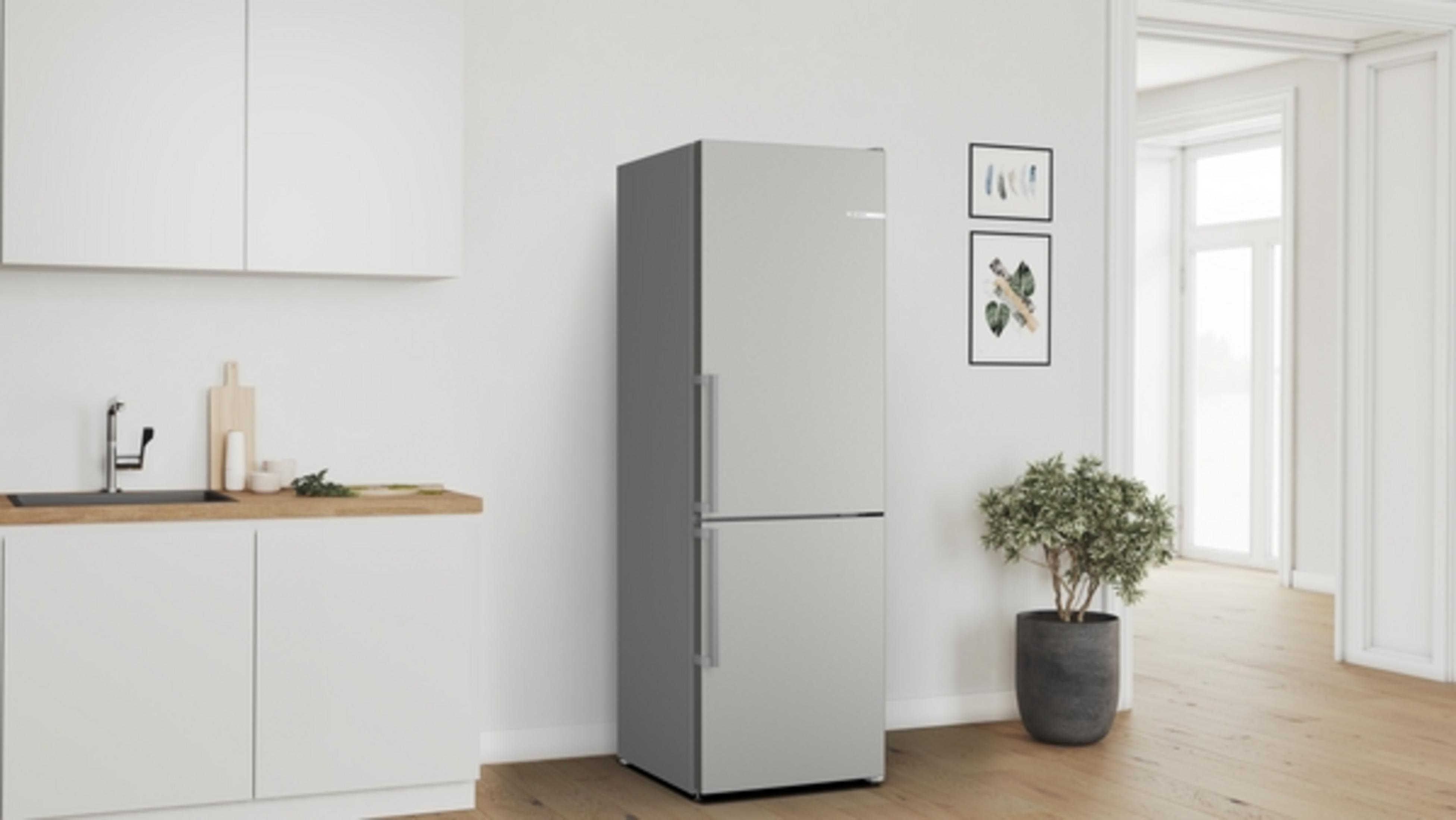Silberner Kühlschrank in einer Küche. Holz-Arbeitsplatte, Spüle und Pflanze im Topf sichtbar.