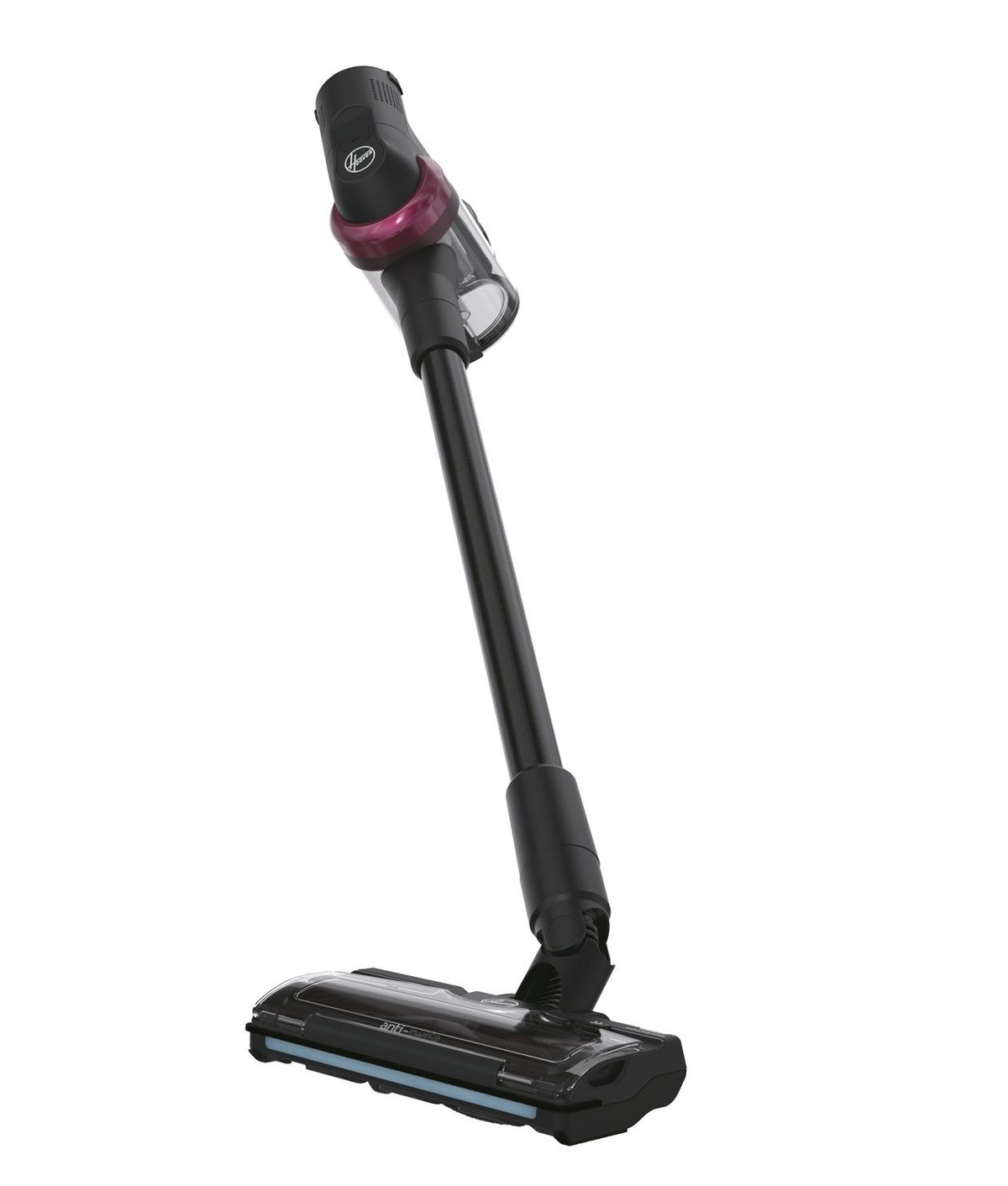 A black and purple Hoover vacuum cleaner stands upright. The head is on the floor. White background.