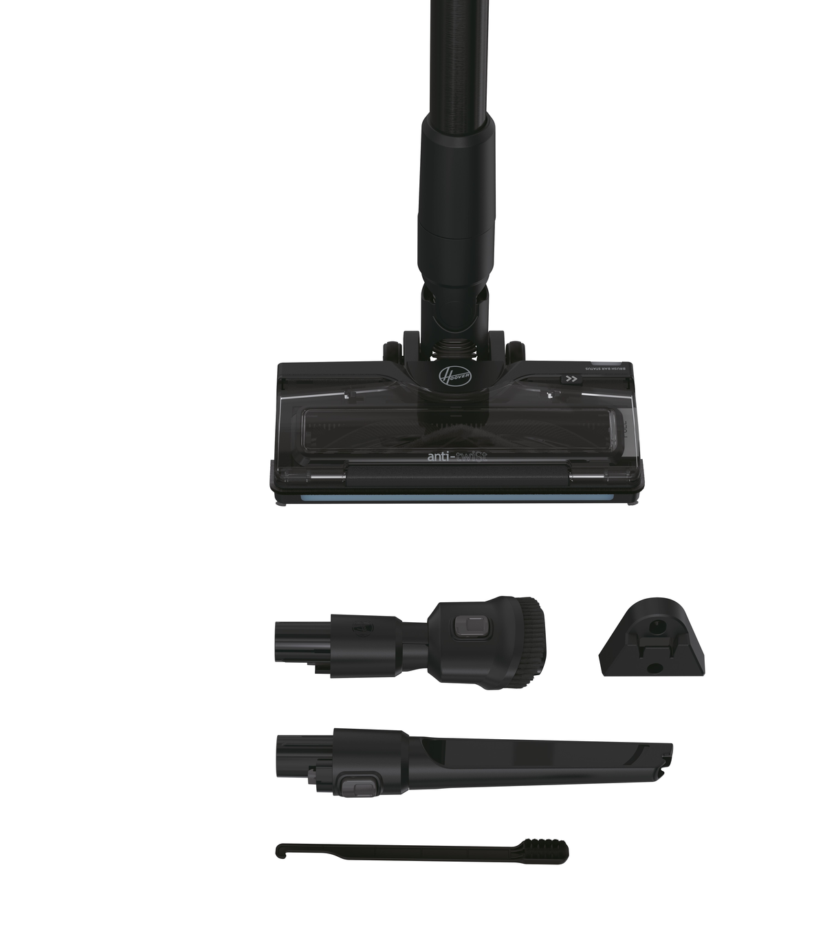 Hoover vacuum cleaner attachments. Includes the main head, extension wands, and additional nozzles.