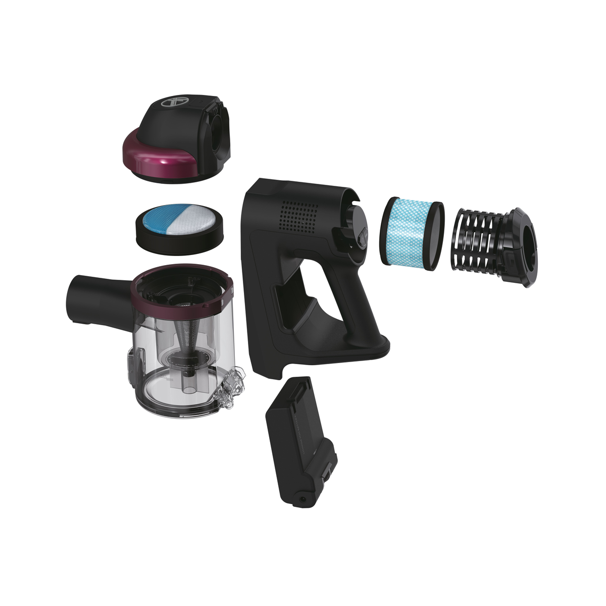 A disassembled vacuum cleaner with its parts spread out on a white surface.