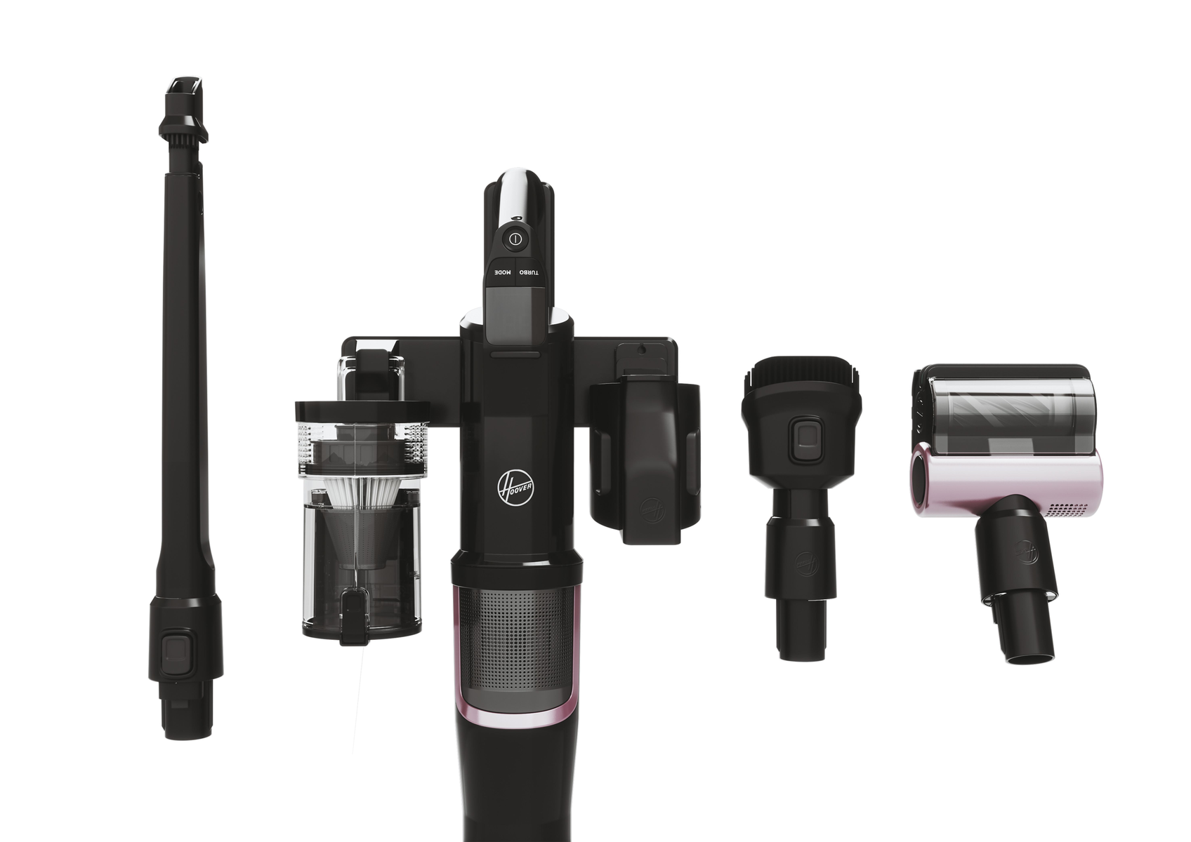 Parti dell'aspirapolvere Hoover, che mostrano il corpo principale, l'estensione e vari accessori.