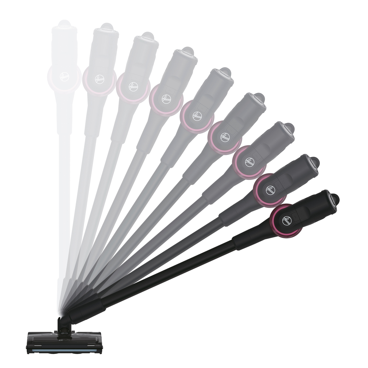 Black and pink cordless vacuum cleaner, multiple positions on white background.