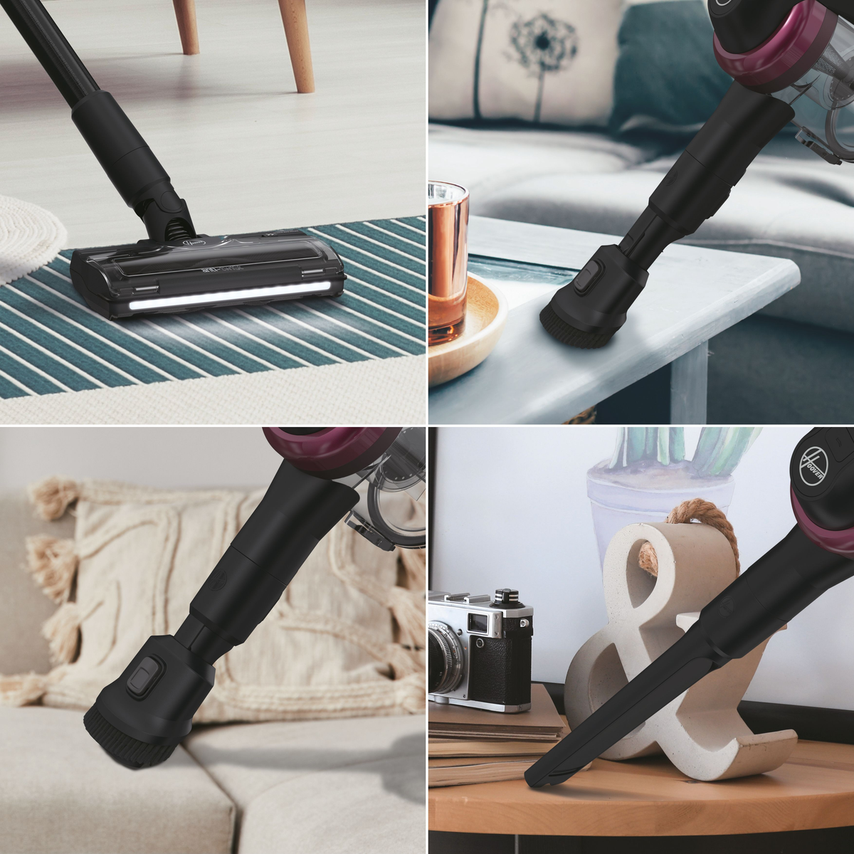 Four images showing different angles of a black vacuum cleaner with various attachments on different surfaces.