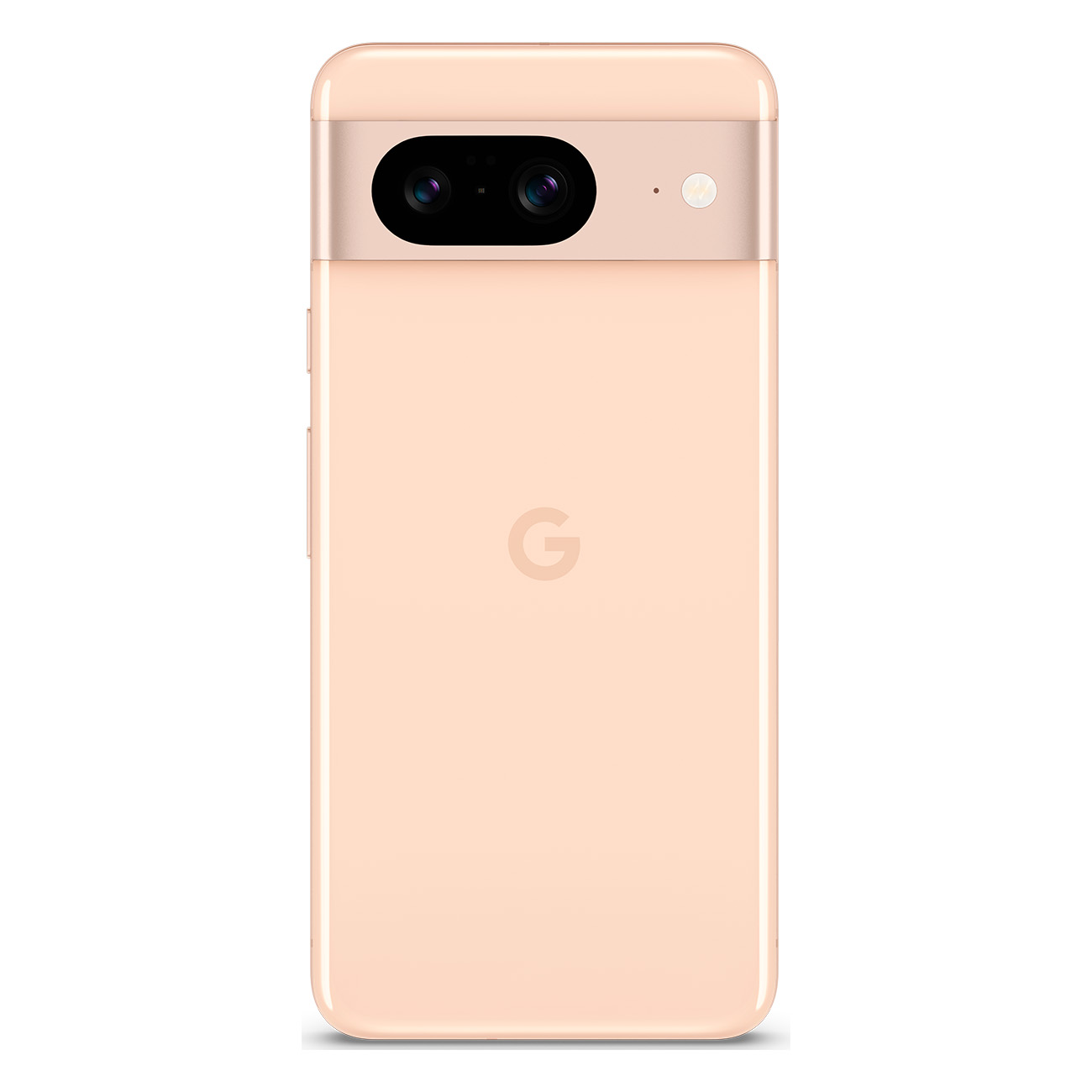 Brzoskwiniowy telefon Google Pixel z podwójnymi aparatami, na białym tle.