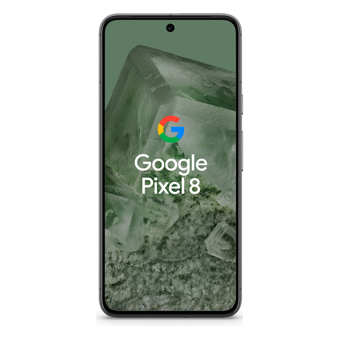 Smartfon Google Pixel 8 z zielonym, teksturowanym tłem i logo Google na ekranie.