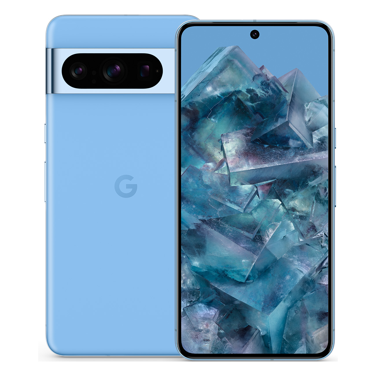 Jasnoniebieski telefon Google Pixel 7 Pro, przód i tył. Ekran przedni wyświetla niebieski obraz minerału.
