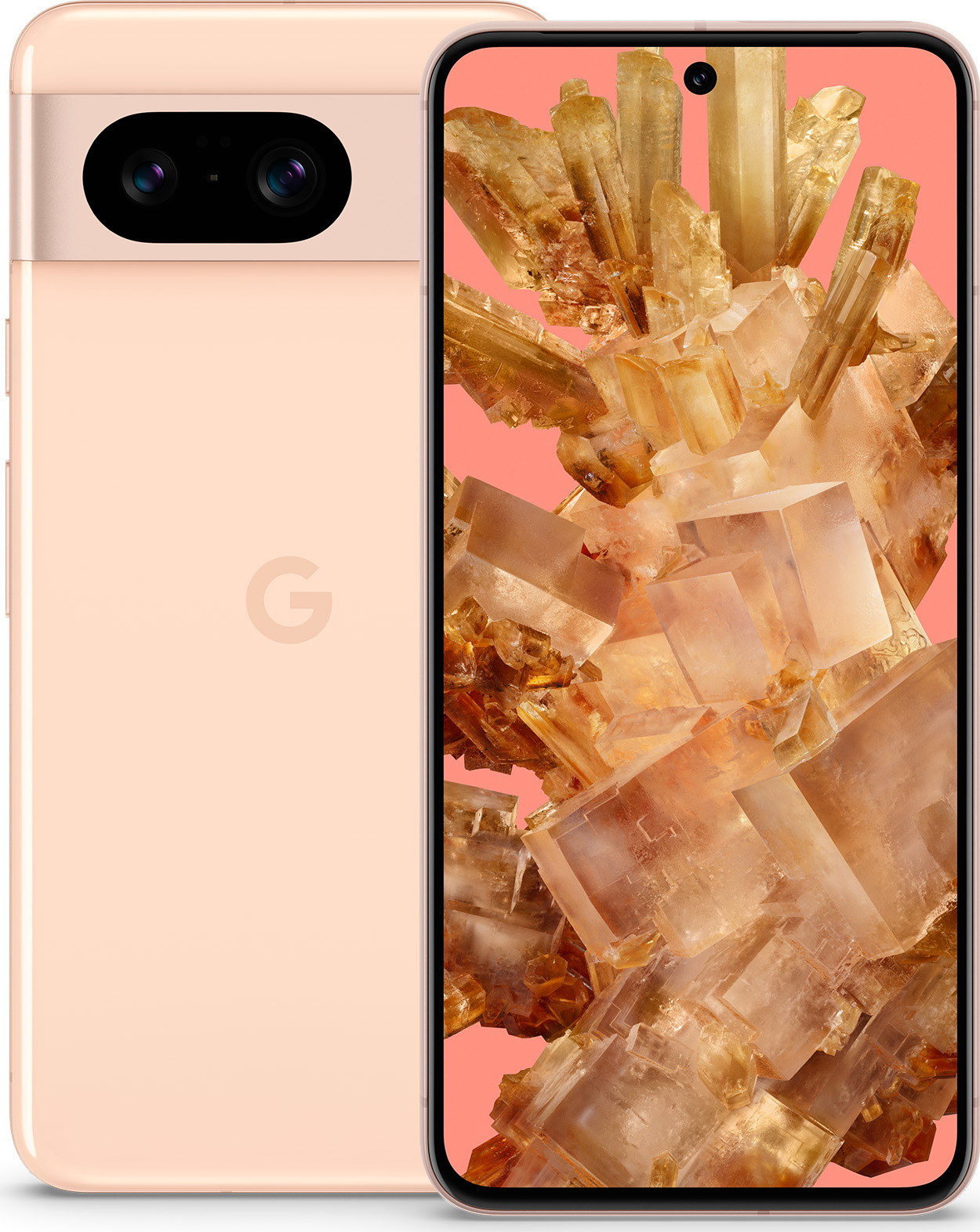 Różowy smartfon Google Pixel 7, z krystalicznym tłem na ekranie.