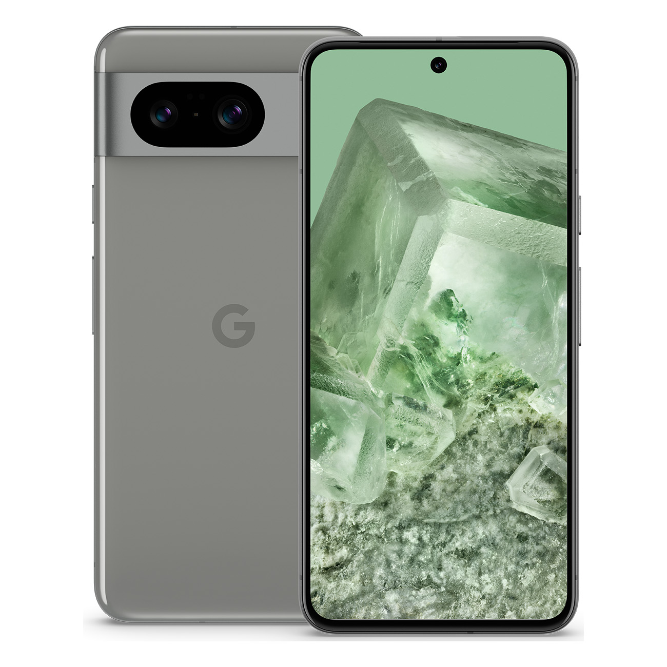 Szary telefon Google Pixel 7 wyświetla zielone tło. Z tyłu znajduje się podwójny aparat i litera „G”.