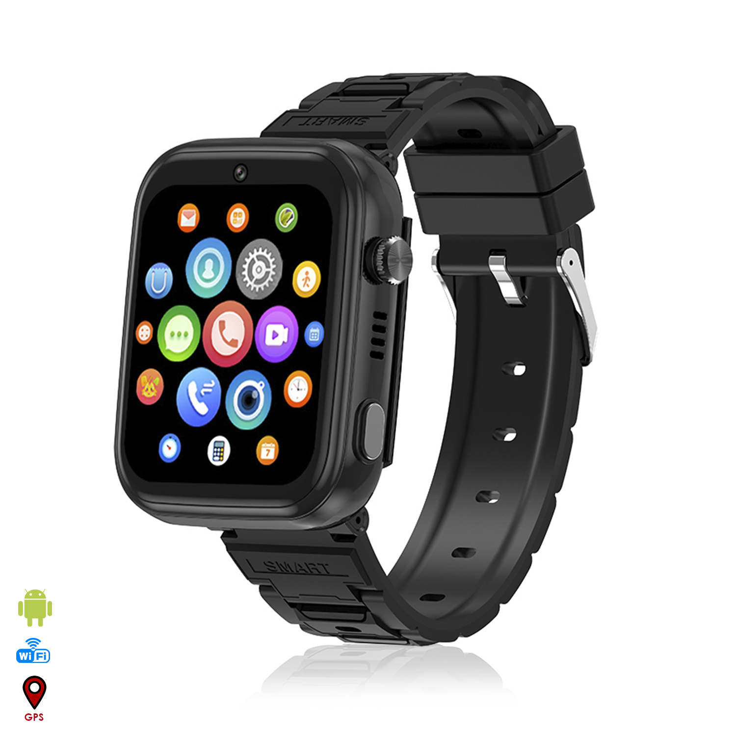 Smartwatch nero con touchscreen. Icone sullo schermo. Cinturino nero con chiusura.
