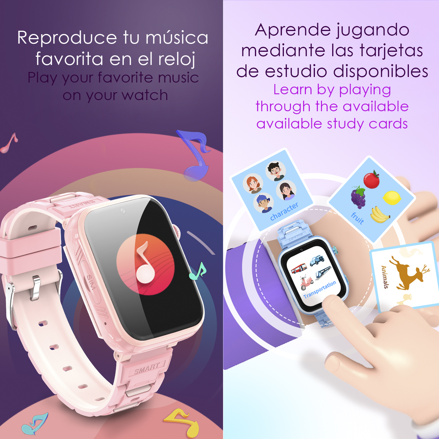 Rosa Smartwatch zeigt Musiknoten und Lernkarten mit Illustrationen. Zweiteiliges Bild.
