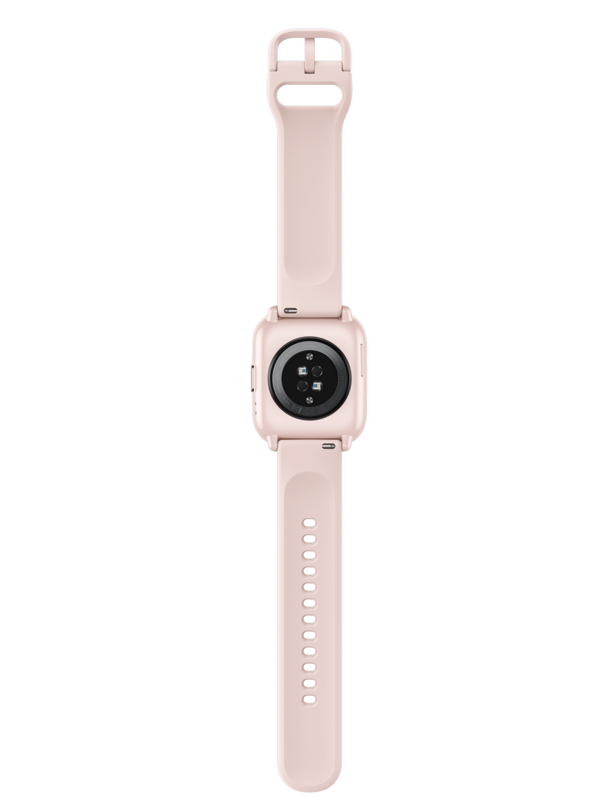 Smartwatch rosa, vista trasera. Muestra sensores y correa.