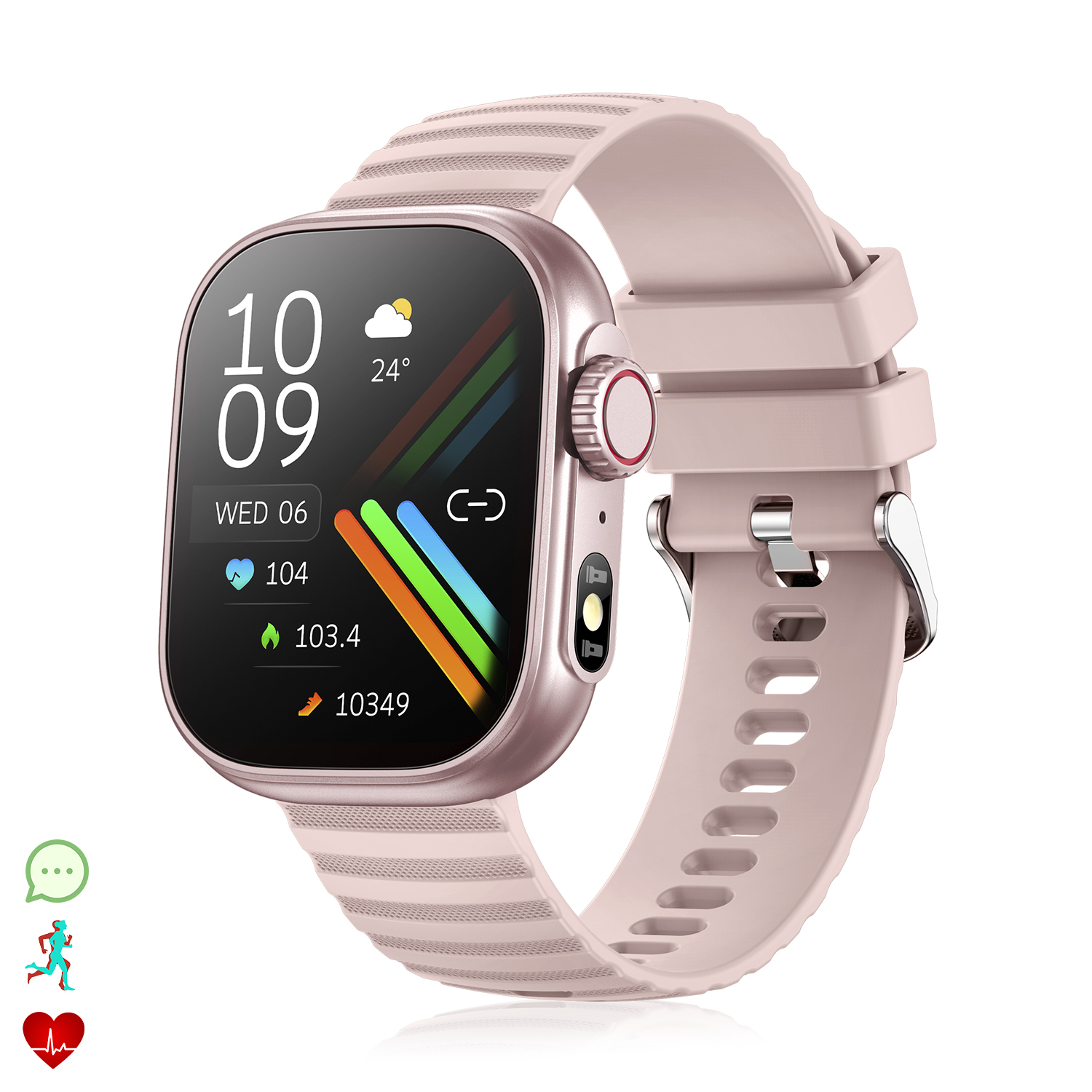 Smartwatch rosa con cinturino rosa. Il display mostra ora, meteo e metriche di attività.