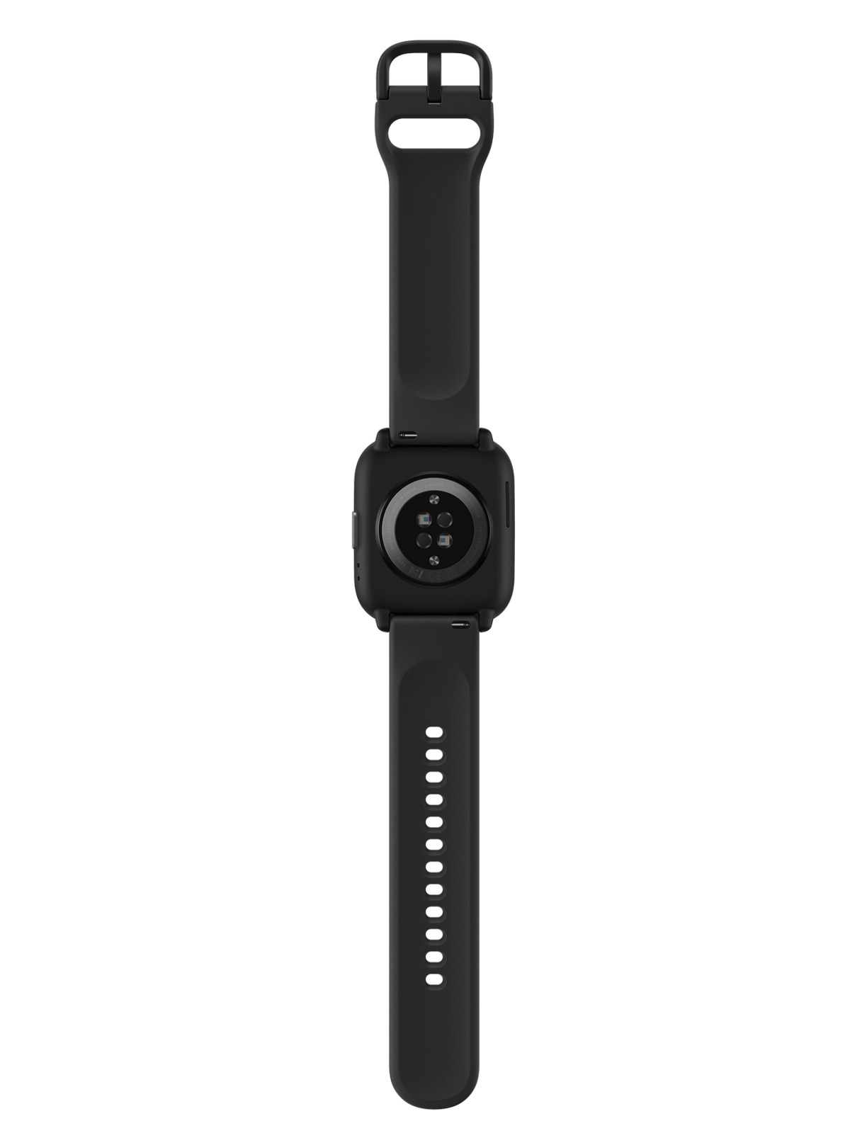 Czarny smartwatch leżący na plecach. Widoczny pasek i czujniki.