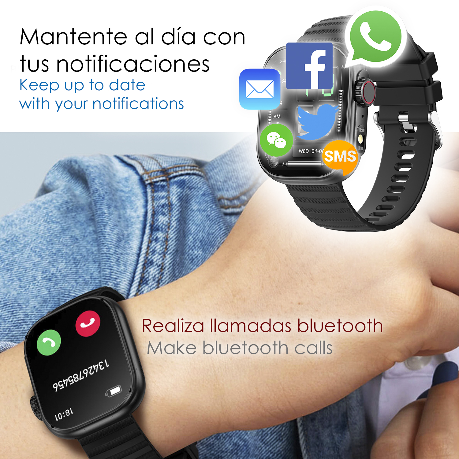 Hand mit Smartwatch, die App-Symbole zeigt. Telefon zeigt Anrufschnittstelle. Text: Benachrichtigungen.