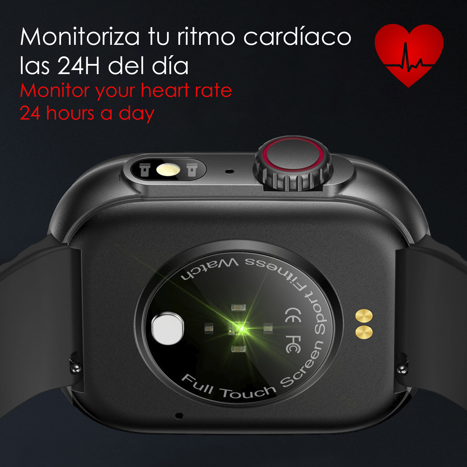 Nahaufnahme der Rückseite einer Smartwatch mit Sensoren und den Worten 'Sport Fitness Watch'.