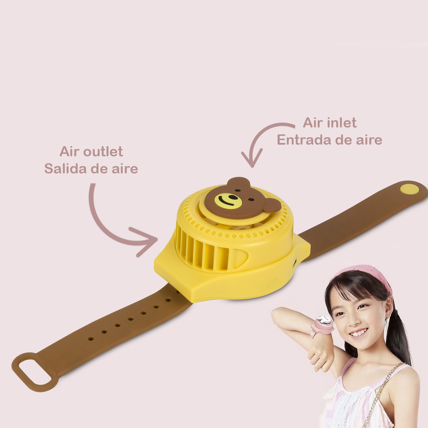Kind, das einen Armbandventilator trägt. Der Ventilator ist gelb mit einem Bären-Design. Text: 'Luftauslass', 'Lufteinlass'.