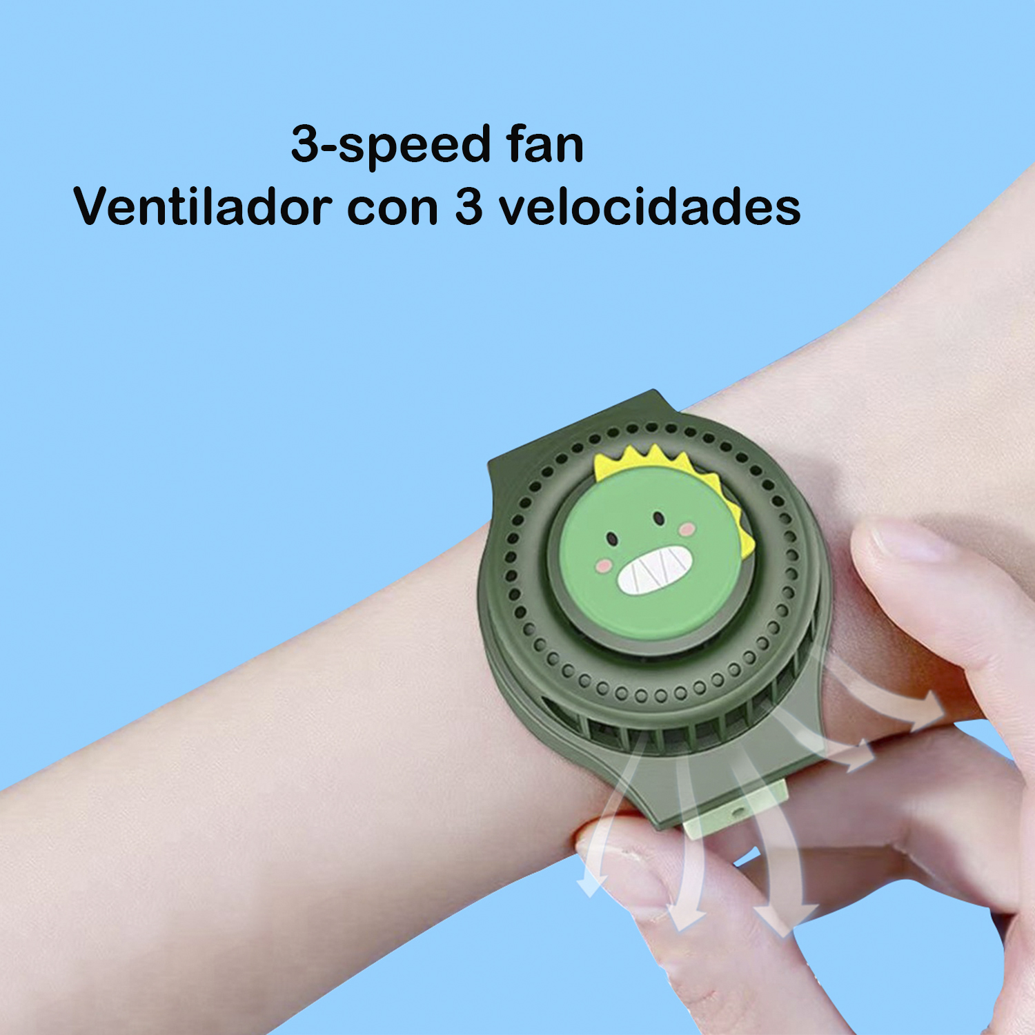 Grüner, dinosaurierförmiger, tragbarer Ventilator am Handgelenk. Der Ventilator hat drei Geschwindigkeiten.