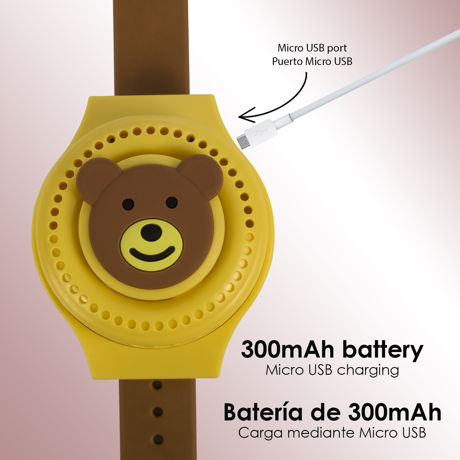 Eine gelbe Uhr mit Bärenmotiv, einem Micro-USB-Anschluss und Text zur Ladebatterie.