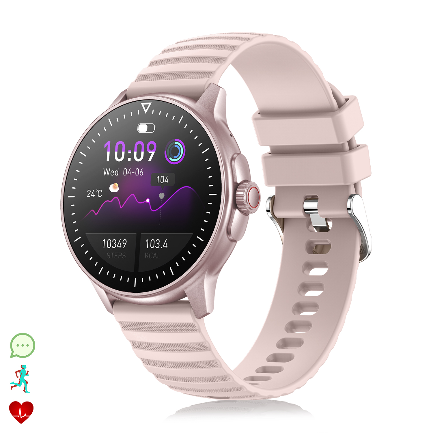 Uno smartwatch rosa con cinturino rosa. Lo schermo mostra ora, passi e dati sulla frequenza cardiaca.