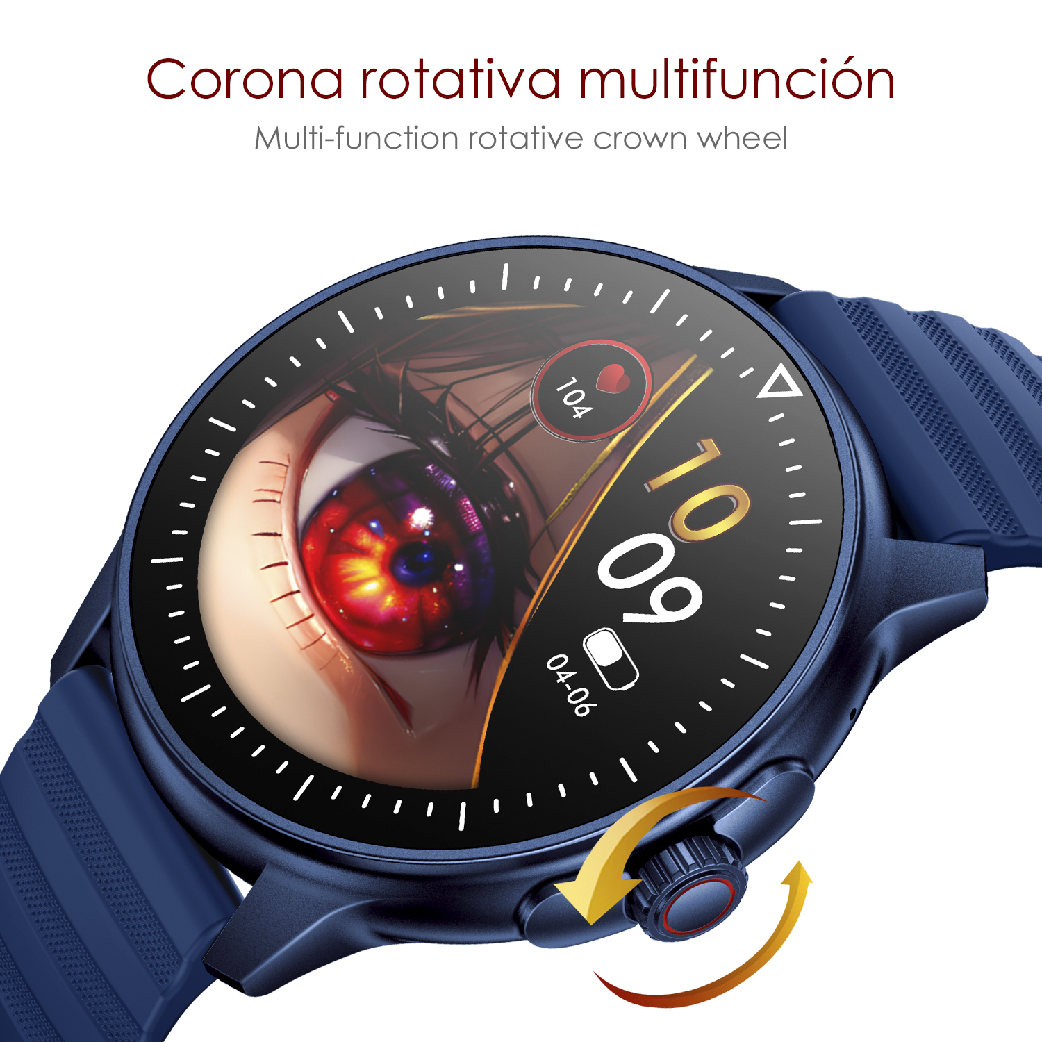 Blaue Smartwatch mit Zifferblatt, das ein rotes Auge und Zahlen zeigt. Orange Pfeile deuten auf Drehung hin.