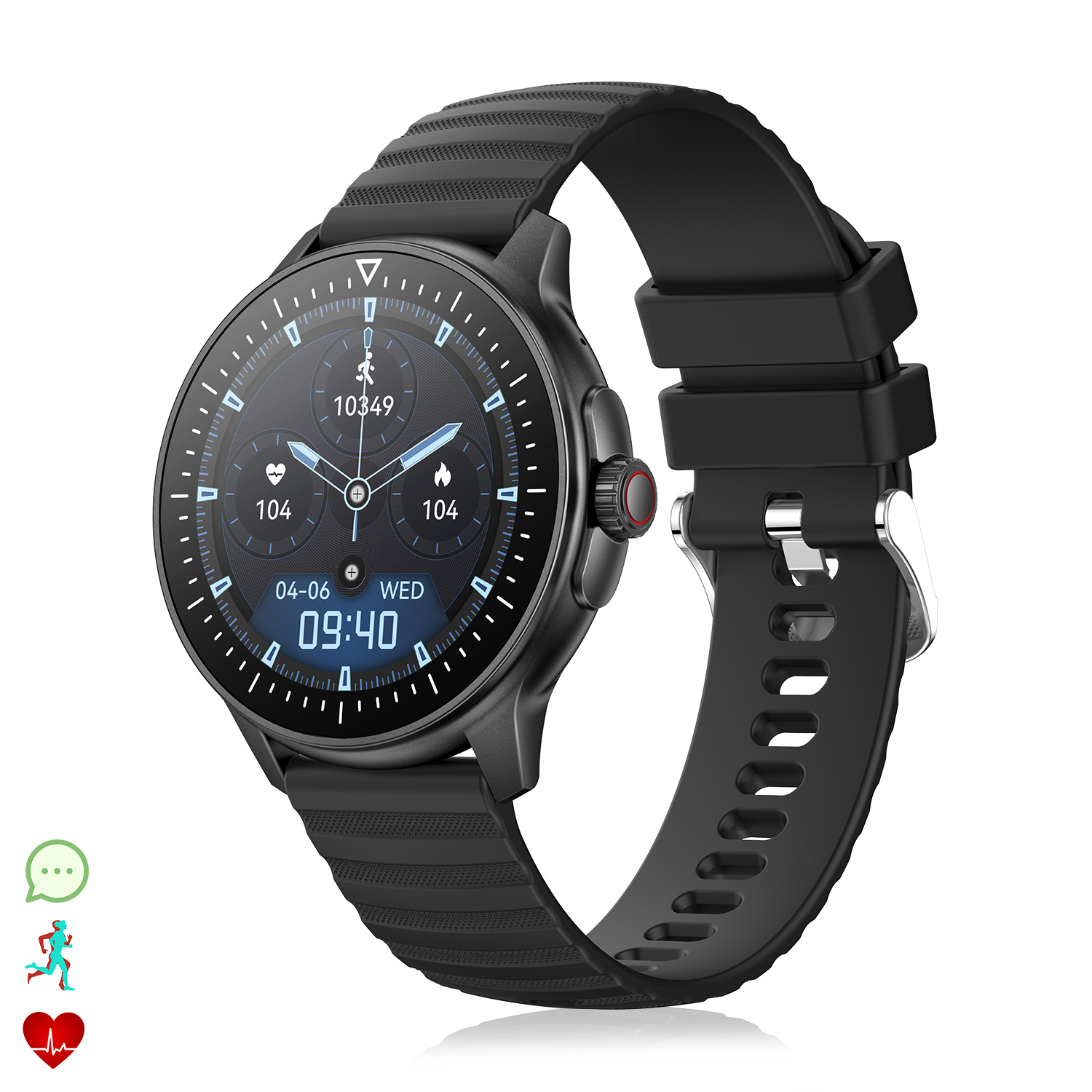 Smartwatch nero che mostra l'ora e le icone delle attività. Presenta un cinturino nero e una lunetta nera.