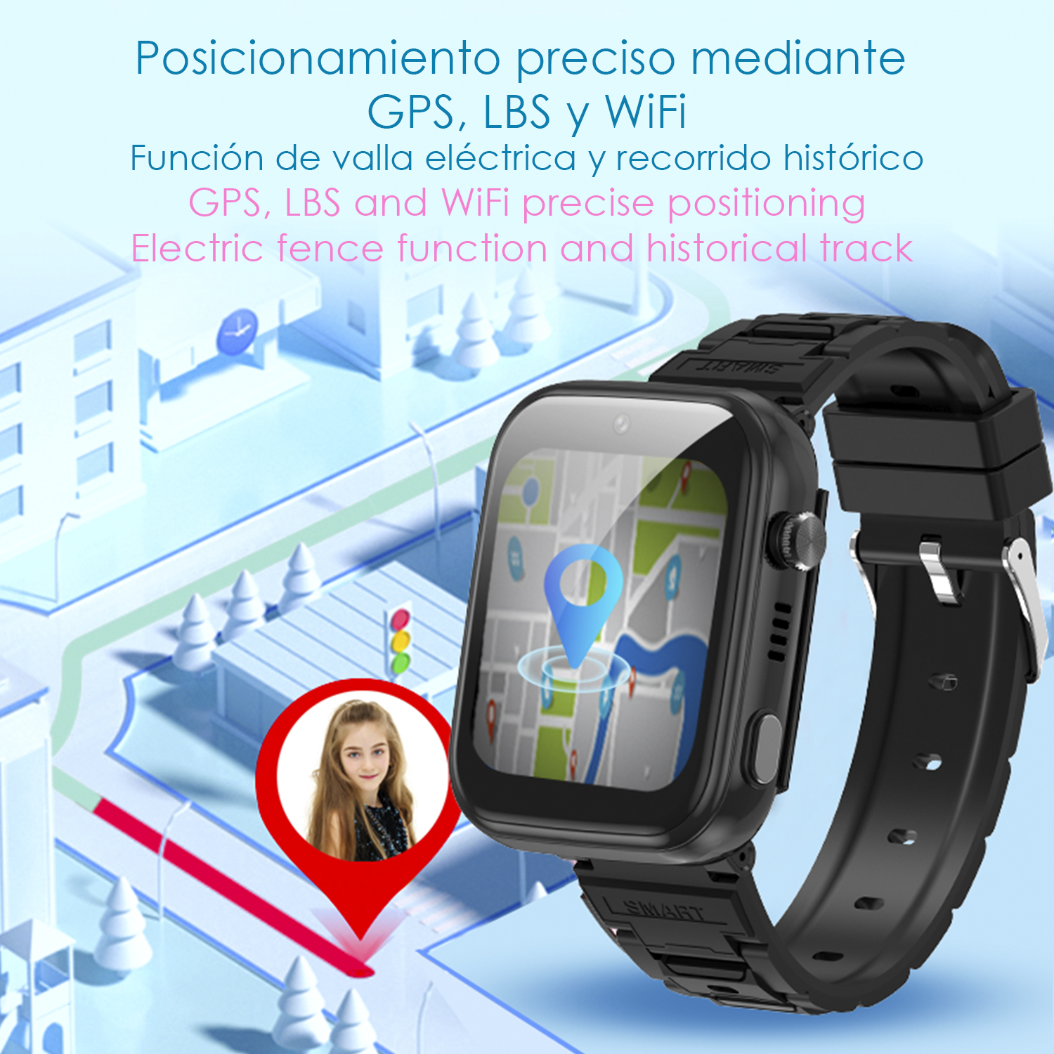 Smartwatch am Handgelenk mit Foto eines Mädchens, Karte und Text.
