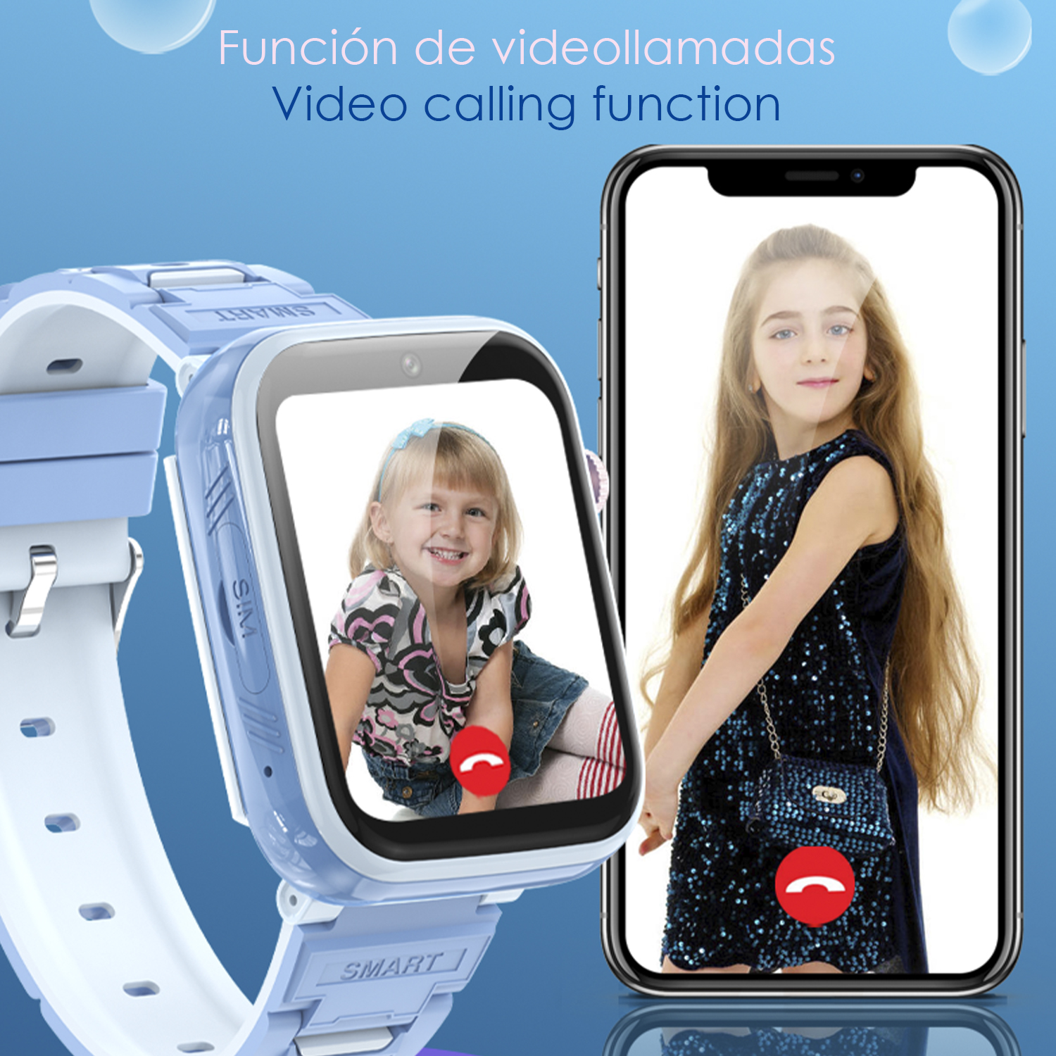 Eine Smartwatch mit einem Videoanruf, der gerade geführt wird. Der Text "Video calling function" wird angezeigt.