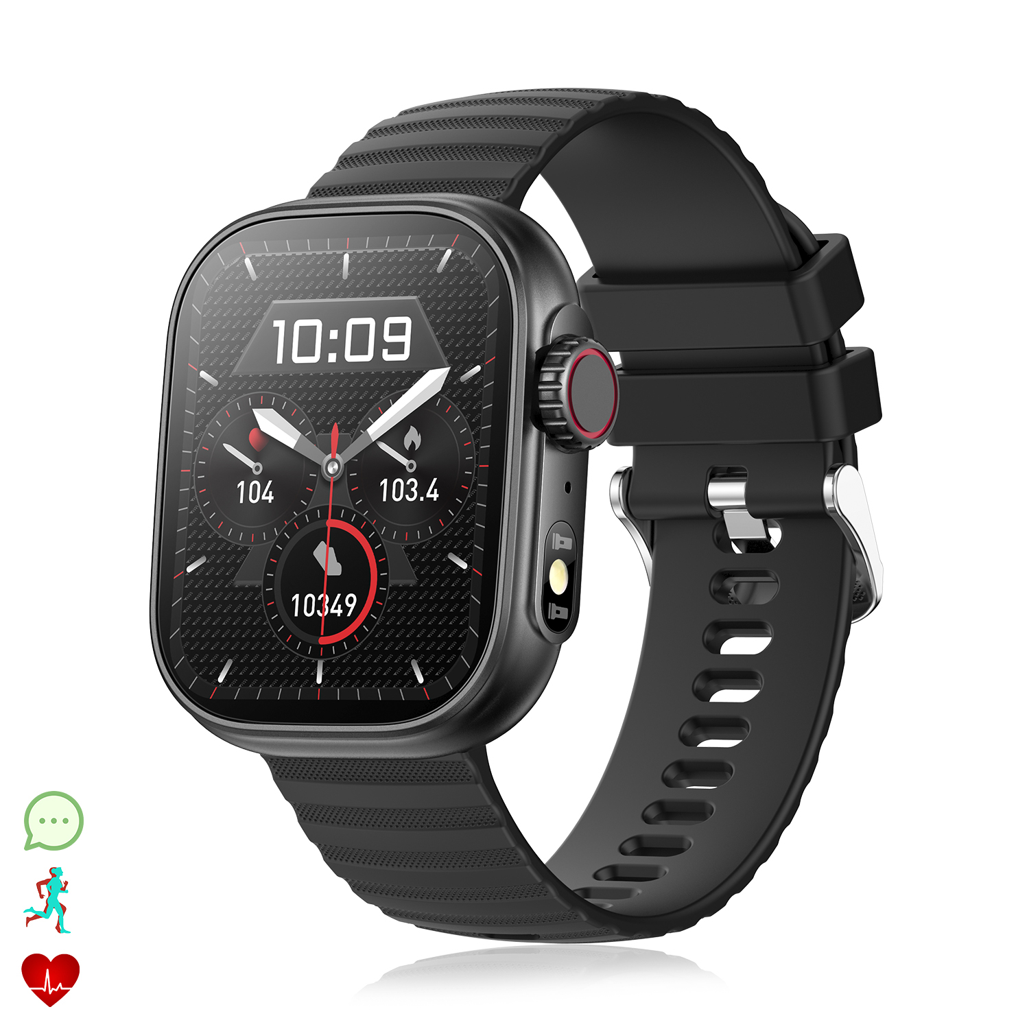 Smartwatch nero con schermo quadrato che mostra ora e dati sanitari. Cinturino nero.