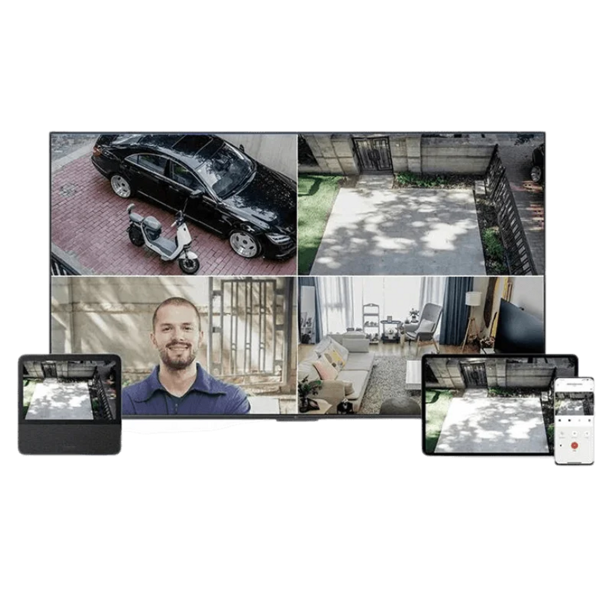 Wiele ekranów pokazujących osobę, samochód, podwórko i dom, reprezentujących bezpieczeństwo domu.