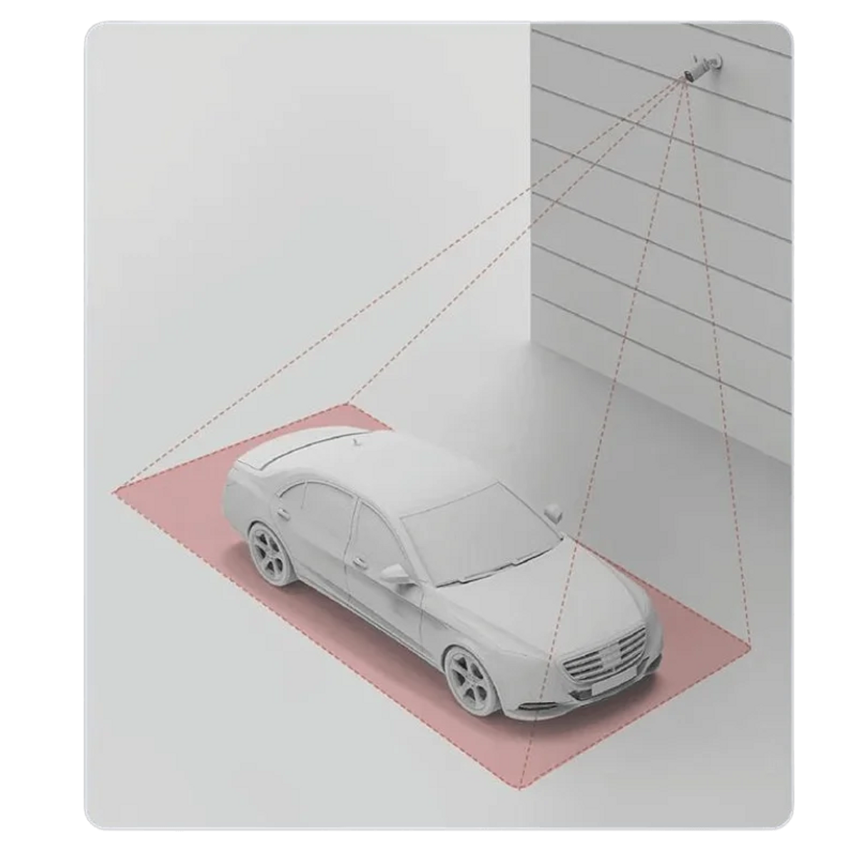 Samochód i konfiguracja kamery bezpieczeństwa na białej powierzchni, podświetlony różowy obszar.