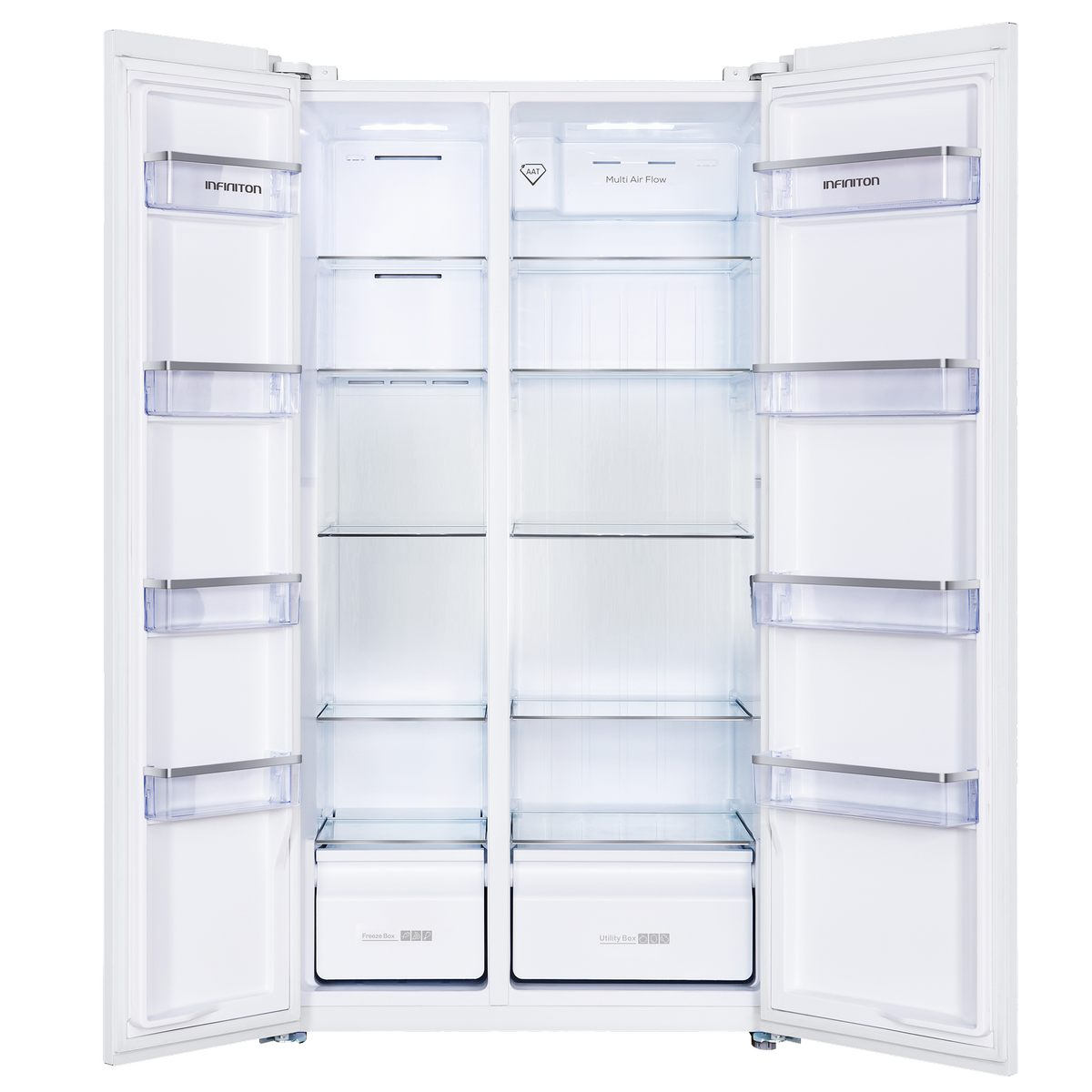 Un refrigerador blanco con puertas abiertas que muestran estantes, cajones y un sistema de flujo de aire múltiple.