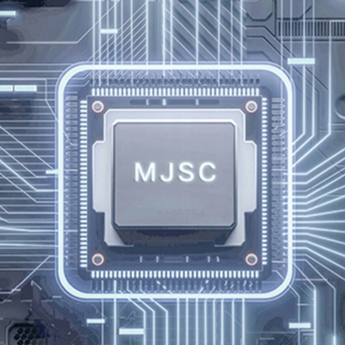 Zbliżenie układu scalonego z napisem MJSC pośrodku. Układ na niebieskim tle.