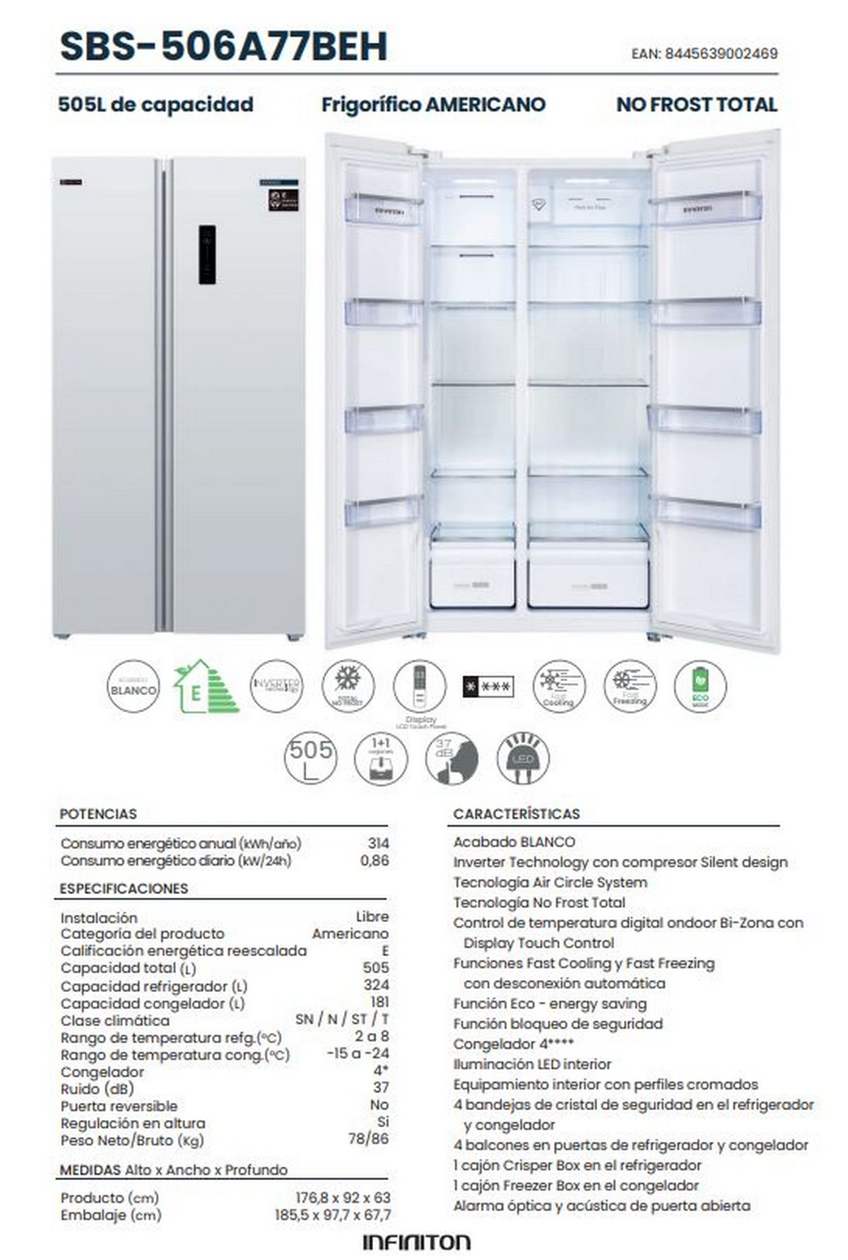 Un refrigerador blanco con dos puertas abiertas, que muestra estantes y cajones llenos de comida.