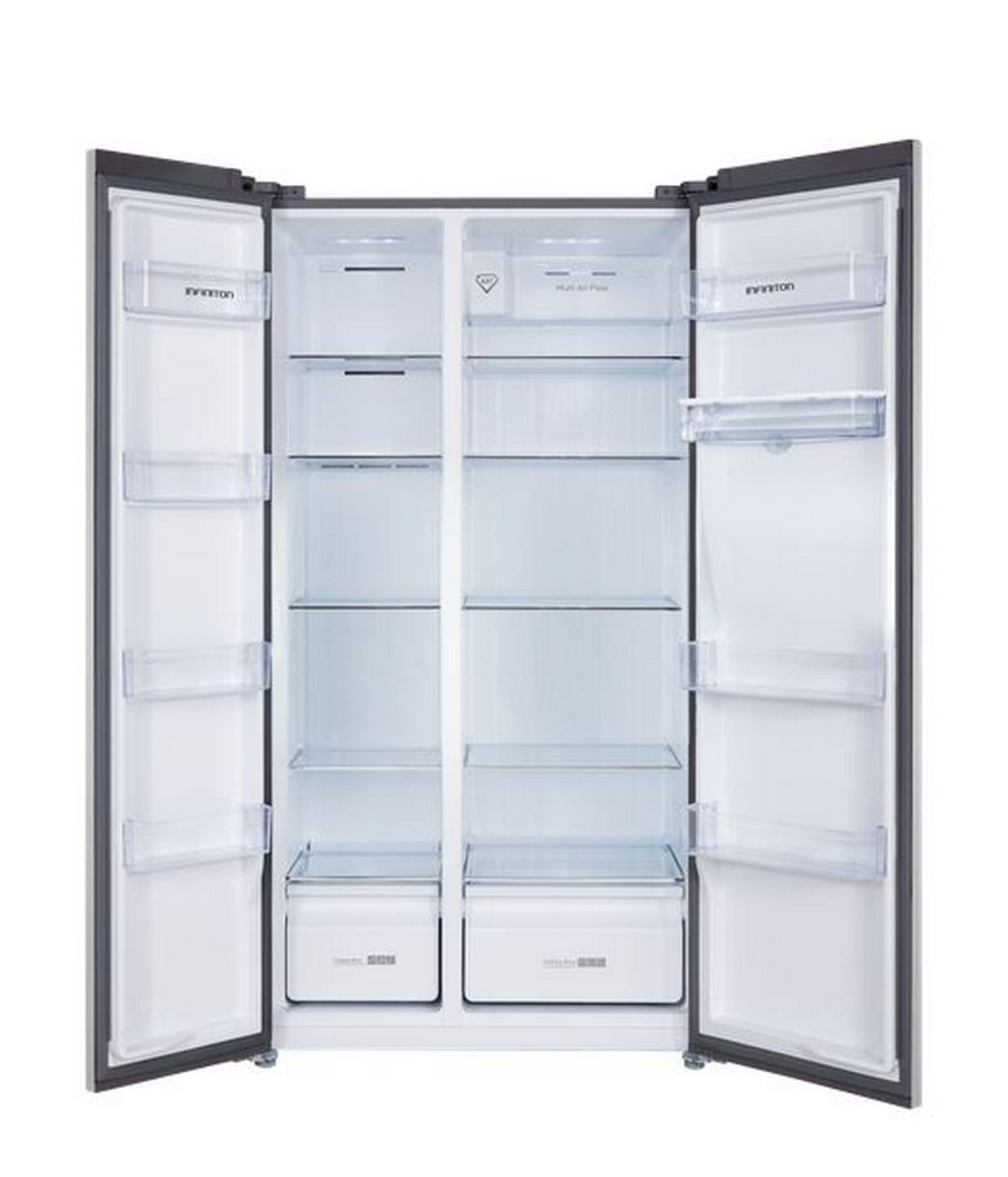 Un gran frigorífico de lado a lado con puertas abiertas, mostrando estantes y cajones, interior blanco.