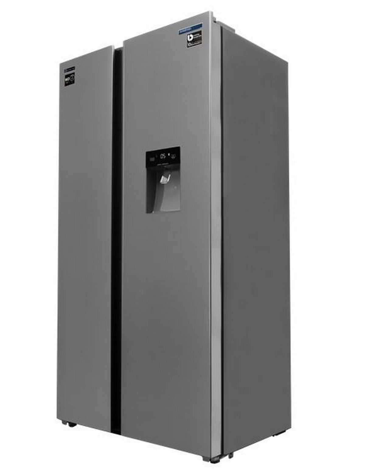 Un refrigerador plateado de lado a lado con dos puertas y un dispensador de agua.