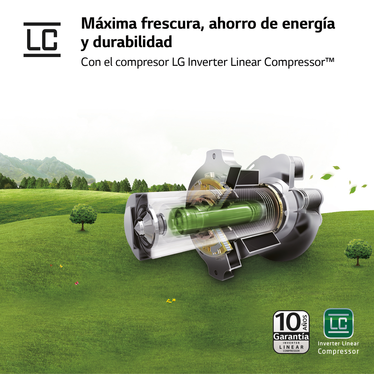 Schnitt durch einen Kühlschrankkompressor. Grüner Zylinder innen, mit Text LG Inverter Linear Compressor.