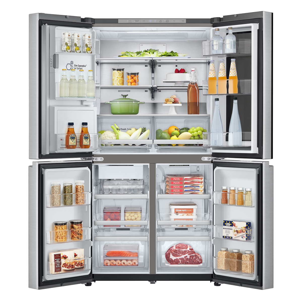 Ein großer offener Kühlschrank mit Lebensmitteln, mehreren Türen und Regalen.