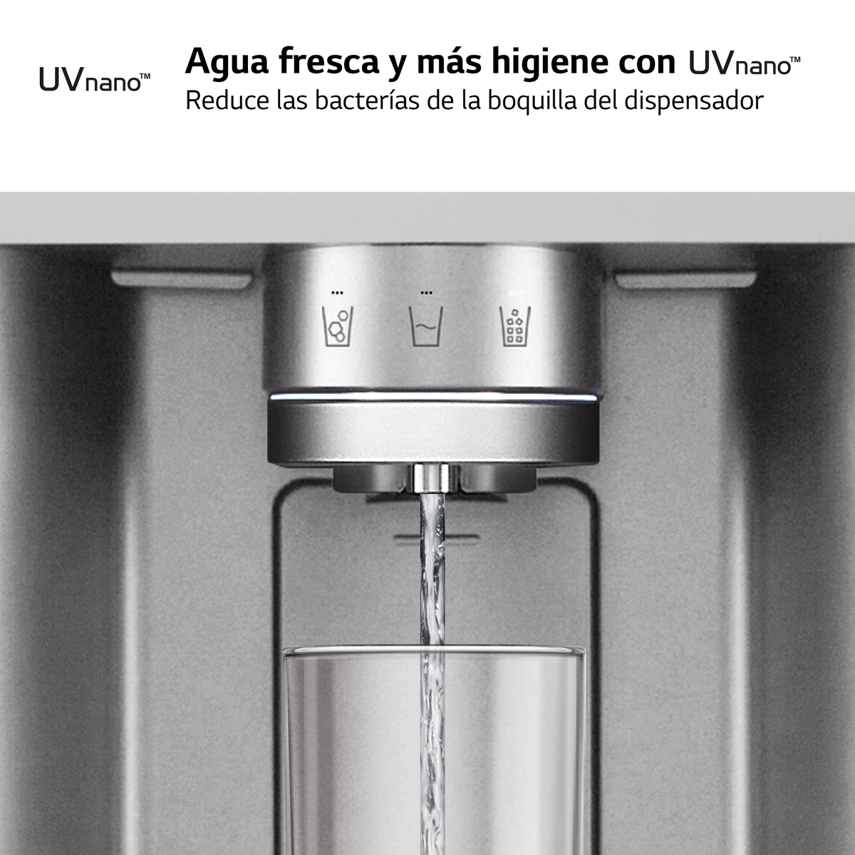 Erogatore d'acqua in acciaio inossidabile. Il testo recita: 'acqua fresca e più igiene con UVnano'.