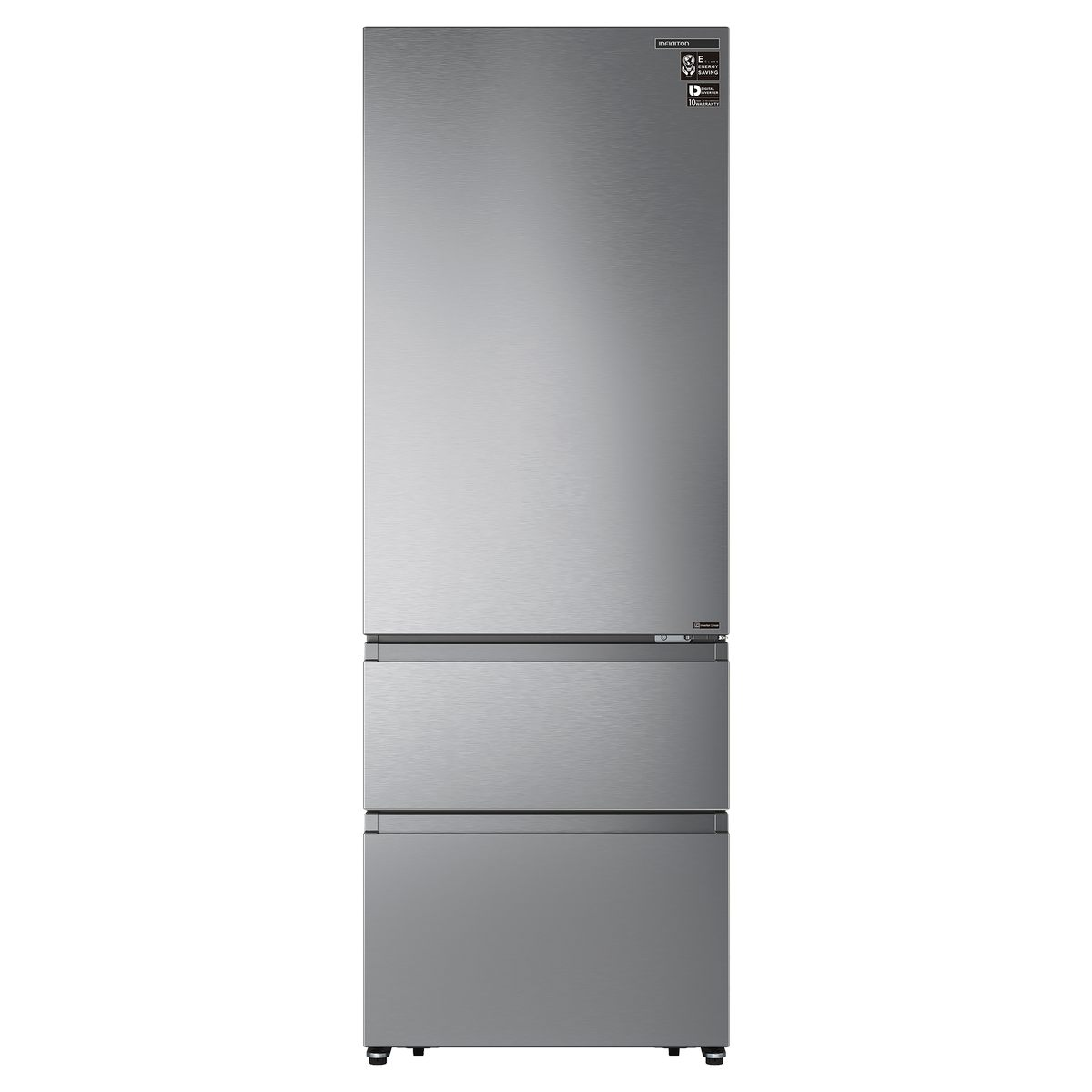 Refrigerador plateado con dos cajones en la parte inferior, una puerta superior y un panel de control en la puerta.