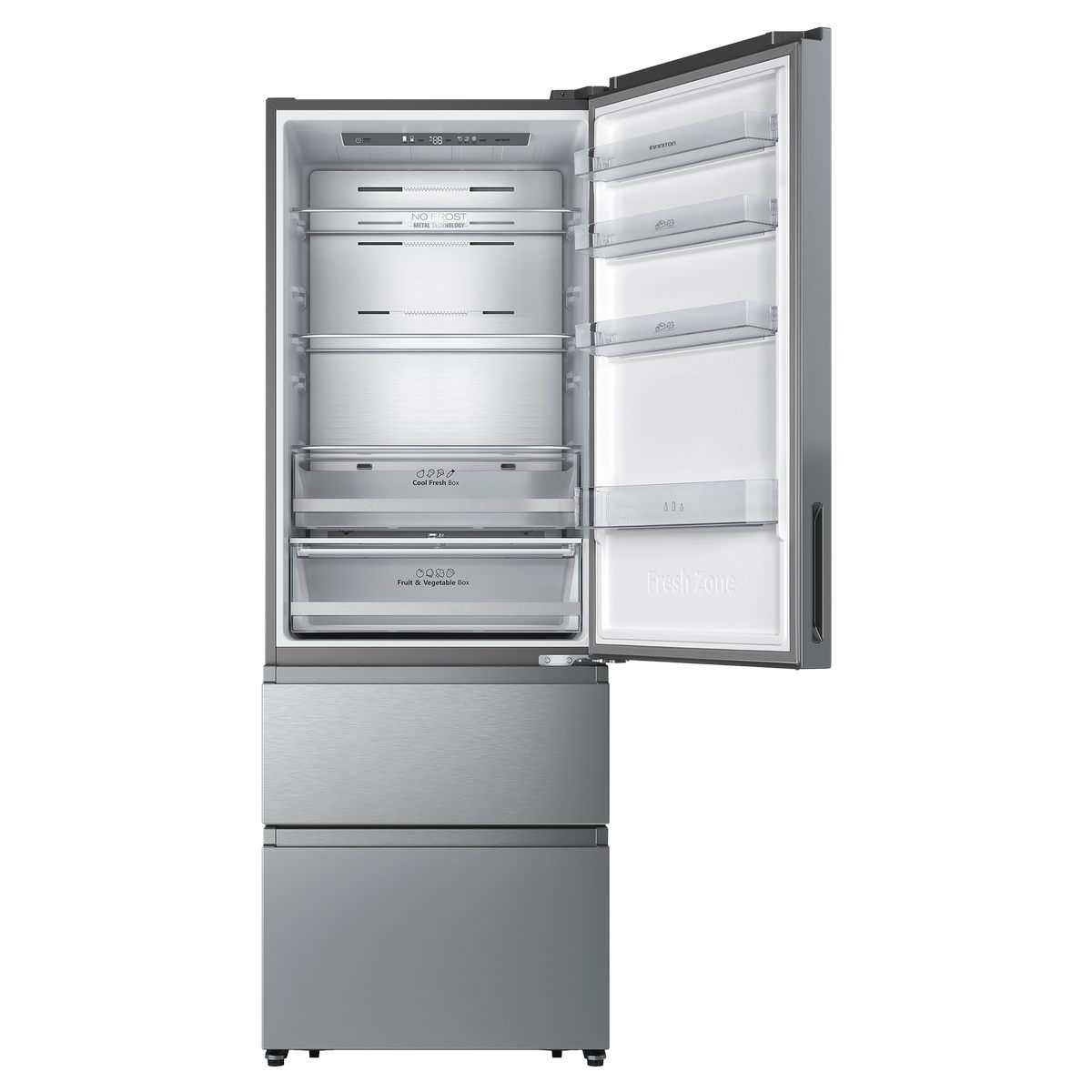 Un refrigerador con la puerta abierta, mostrando estantes y cajones. Acabado de acero inoxidable.