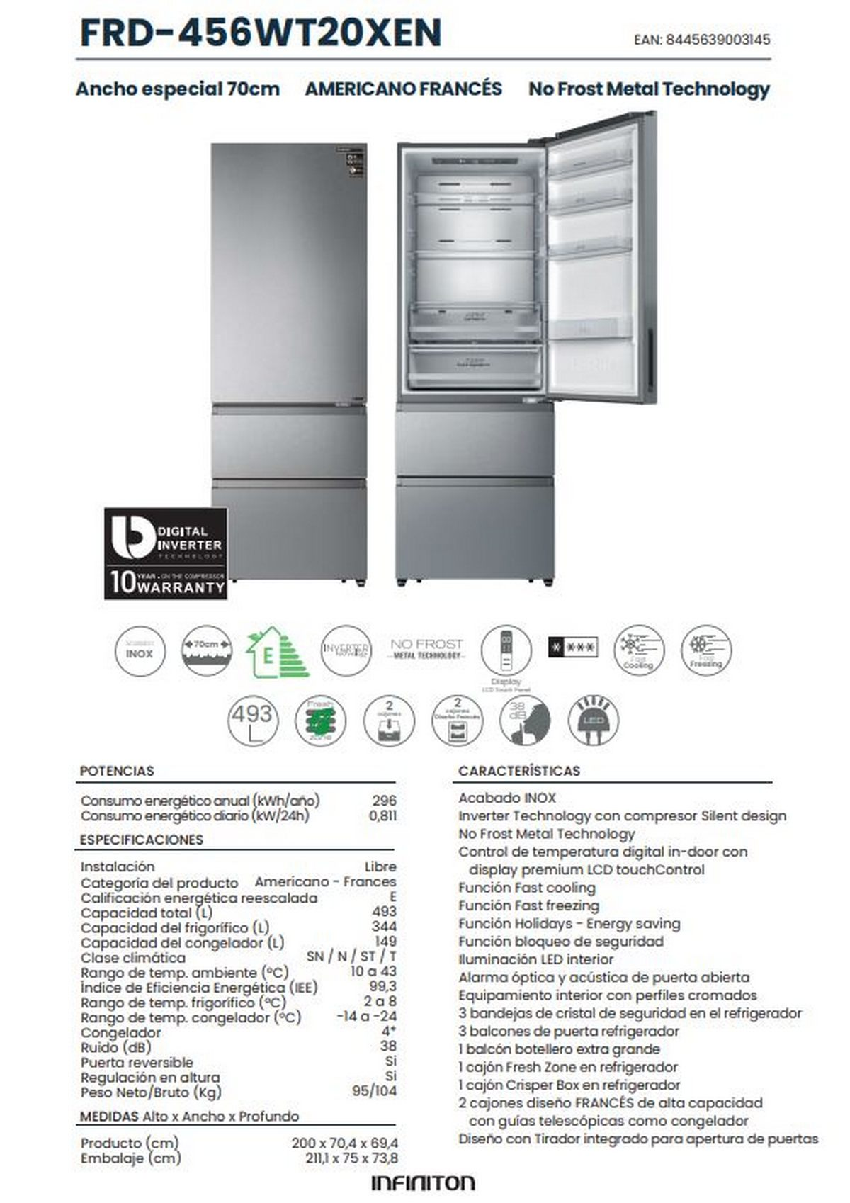 Refrigerador plateado con puerta abierta y hoja de especificaciones detallada.