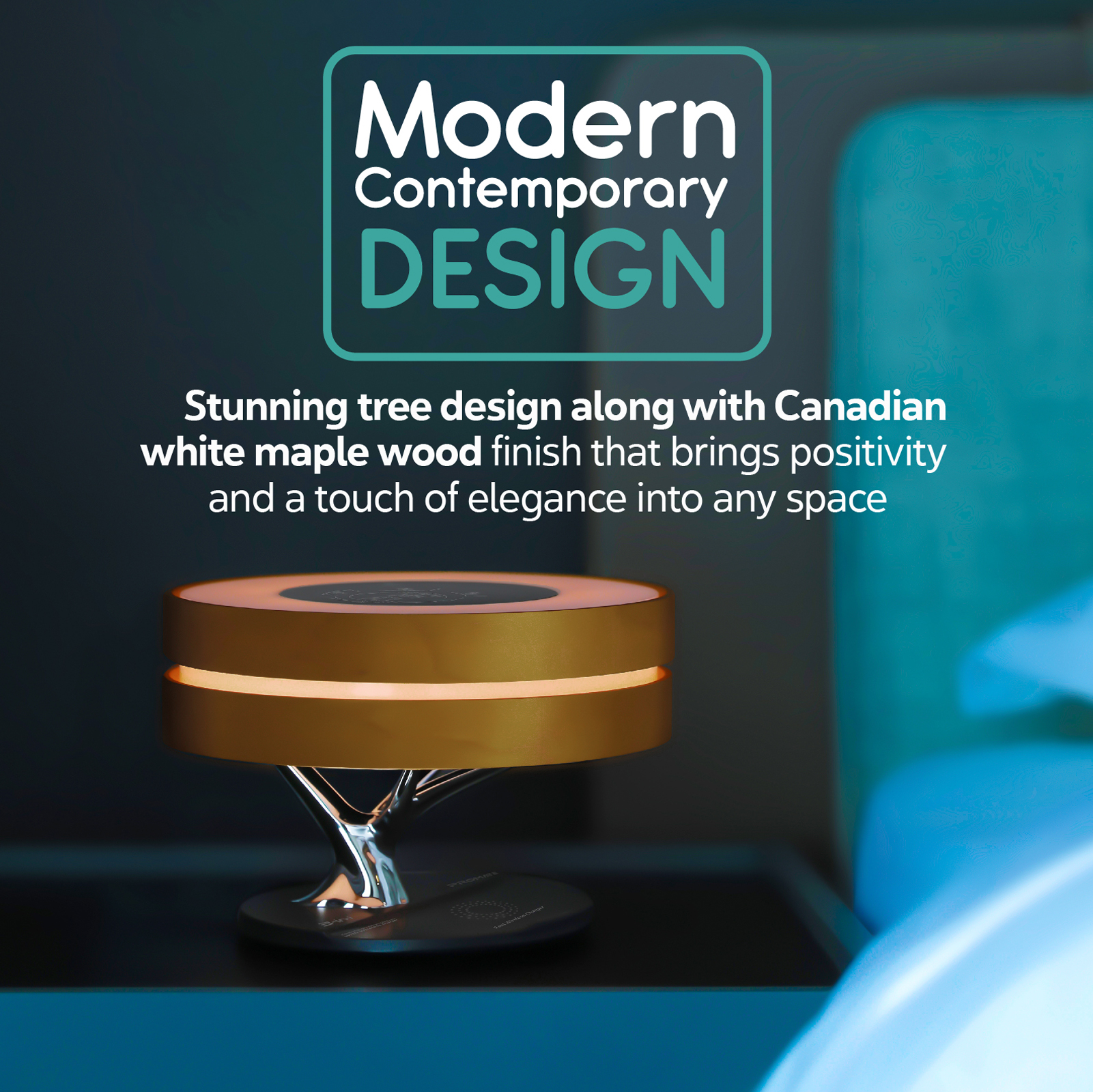 Diseño moderno y contemporáneo. Una lámpara dorada en forma de árbol está en una mesita de noche junto a una cama.
