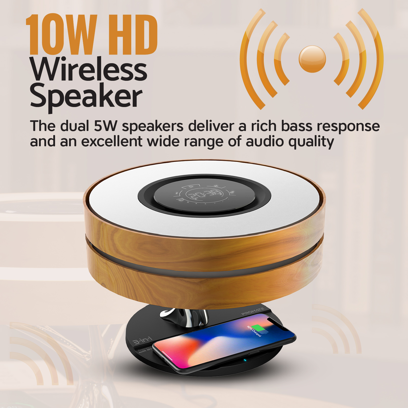 Altavoz inalámbrico con carga de teléfono. Tapa de madera, base negra. Teléfono cargando.