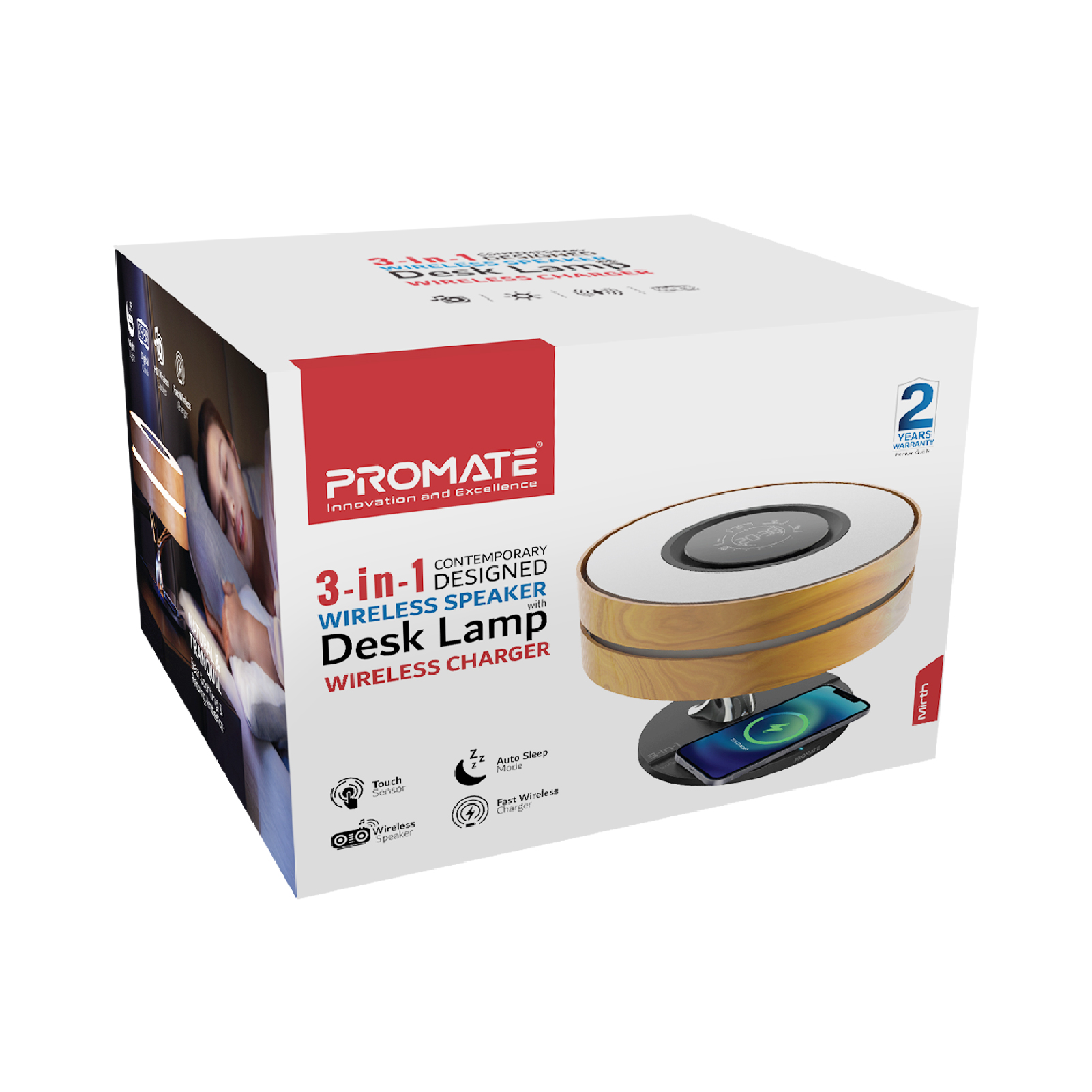 Caja de cargador inalámbrico con diseño de lámpara de escritorio y altavoz, acentos blancos y rojos.