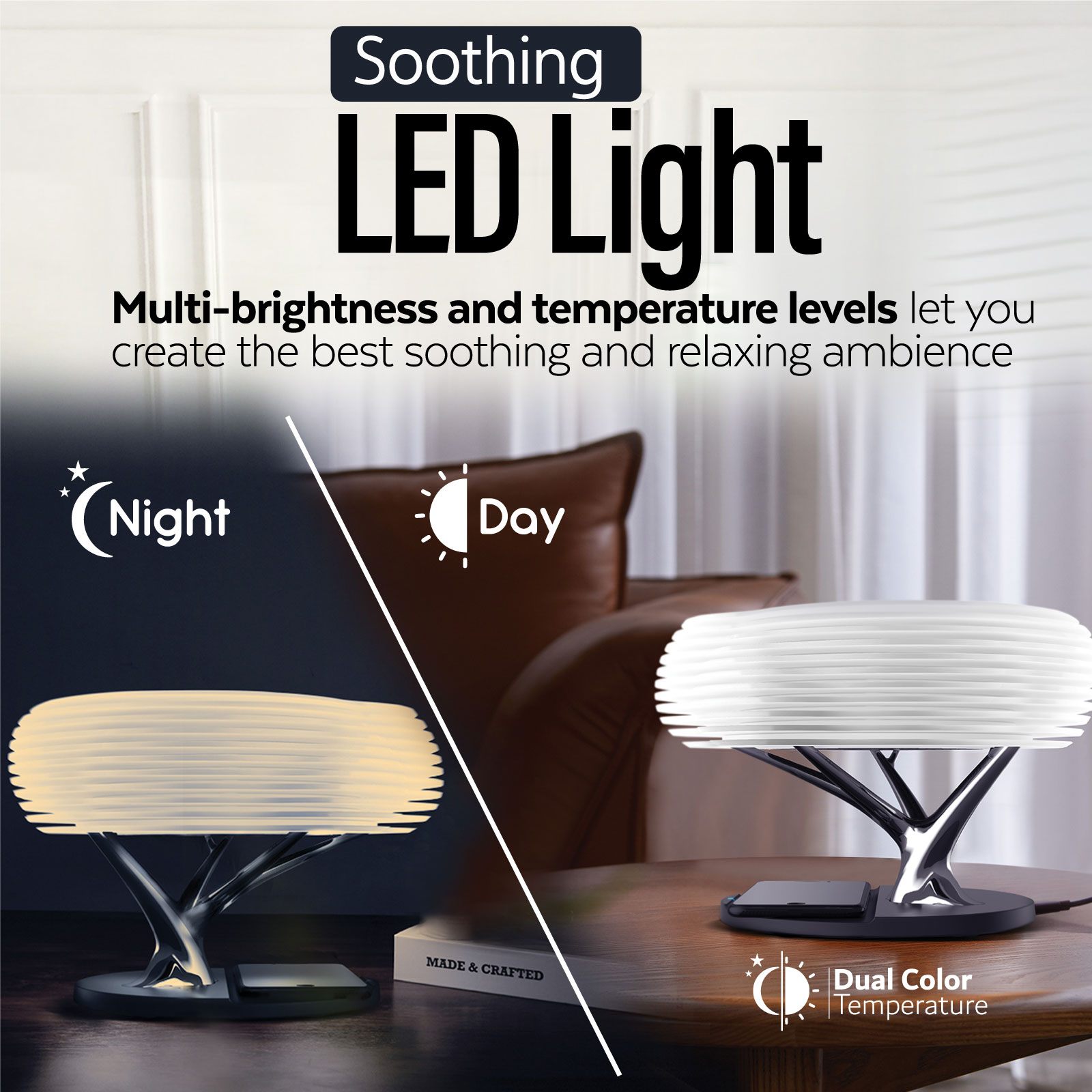 Una lámpara LED moderna con una base en forma de árbol, que ofrece ajustes de temperatura de color dual, en una mesa.