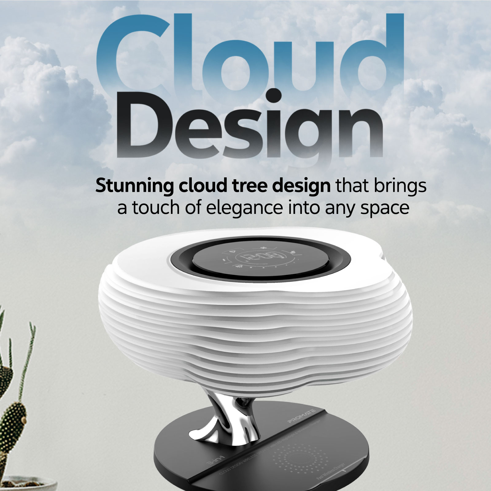 Altavoz blanco y negro con diseño de árbol. Texto del diseño de la nube.