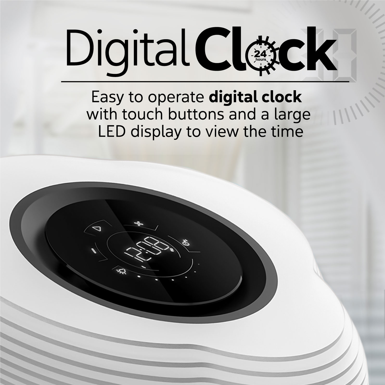 Un reloj digital blanco con una pantalla negra que muestra la hora. Tiene botones táctiles.