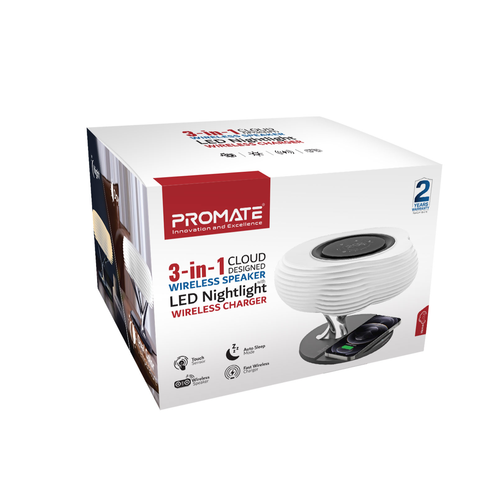 Caja blanca y roja con altavoz inalámbrico, luz nocturna y cargador. El texto dice 'Promate'.