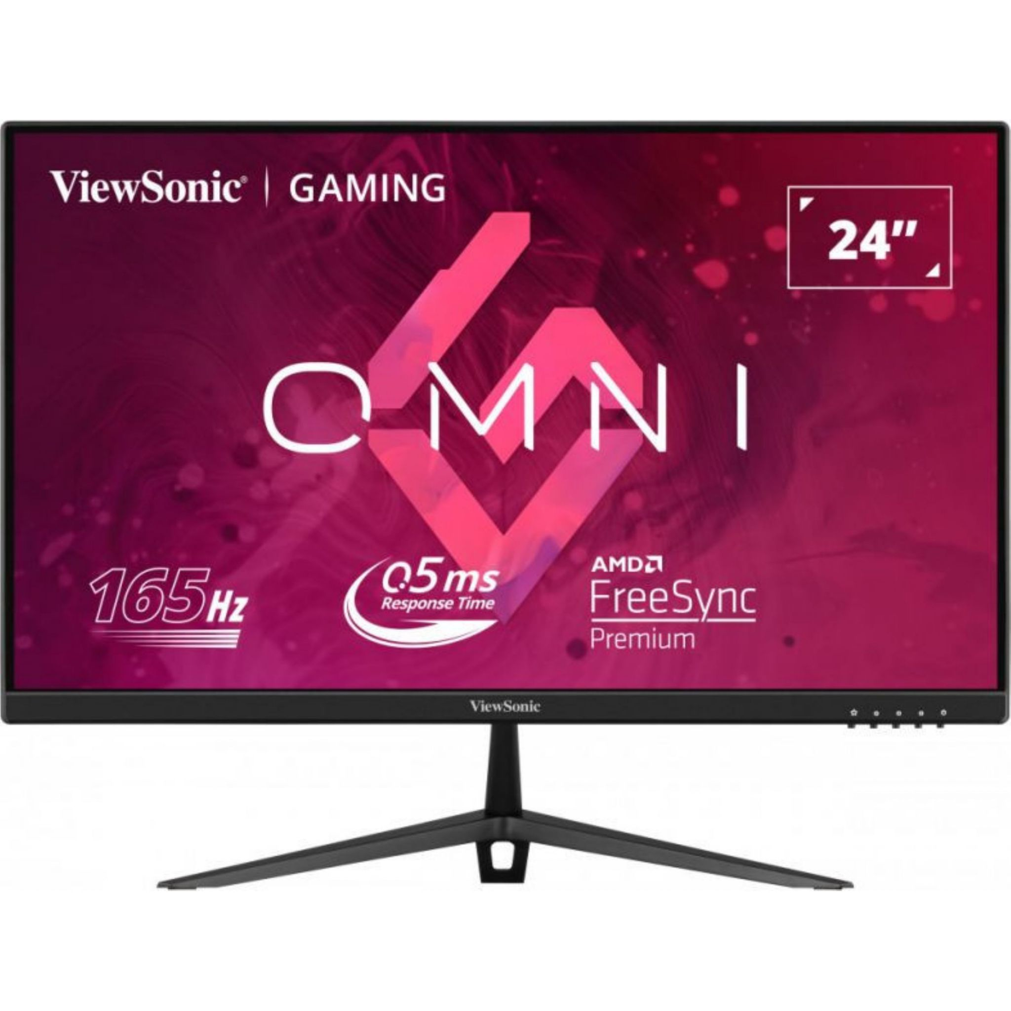 Czarny monitor komputerowy z marką 'ViewSonic | GAMING' i 'OMNI'. 24 cale, wyświetlacz 165Hz.
