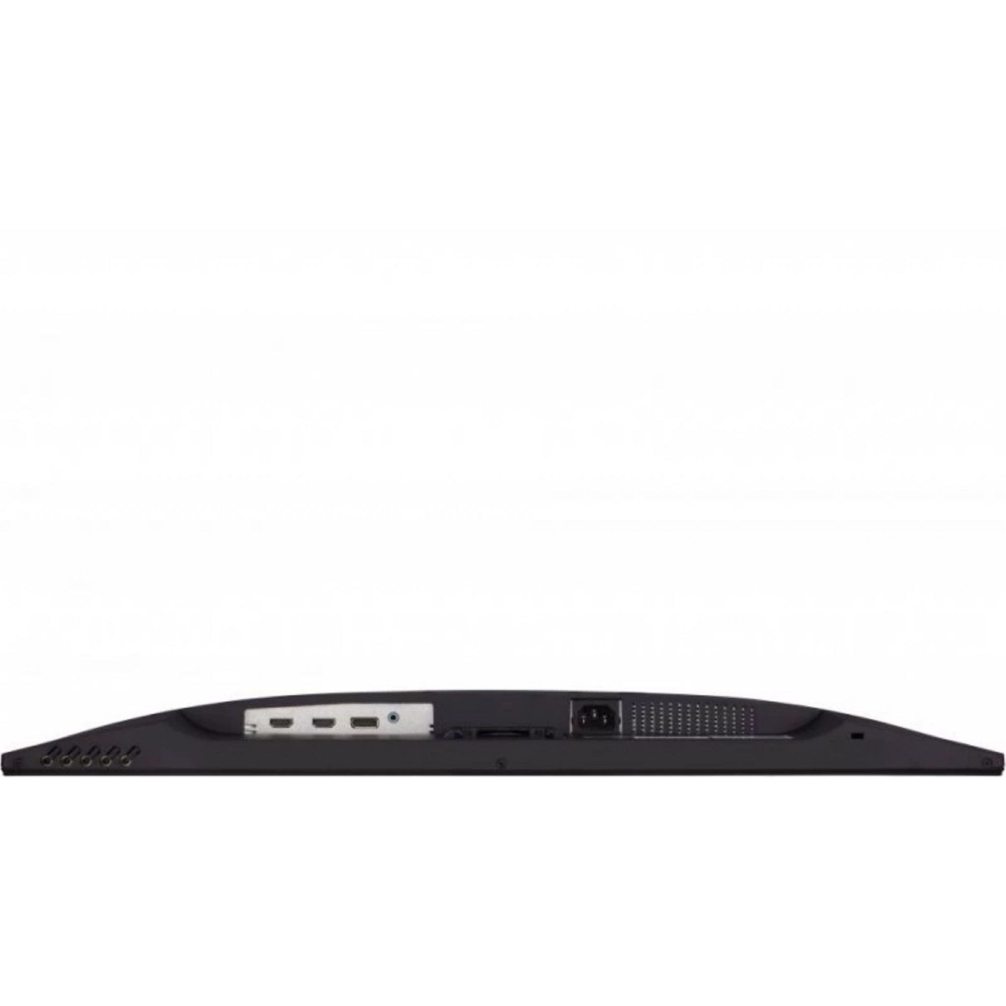 Parte trasera de un monitor negro, mostrando puertos y conexión de alimentación.